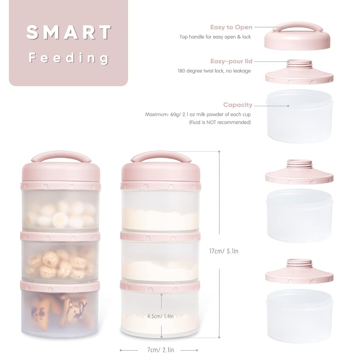 Termichy Stackable Formula Dispenser Portable Milk Powder Container, 2 Pack, Light Pink