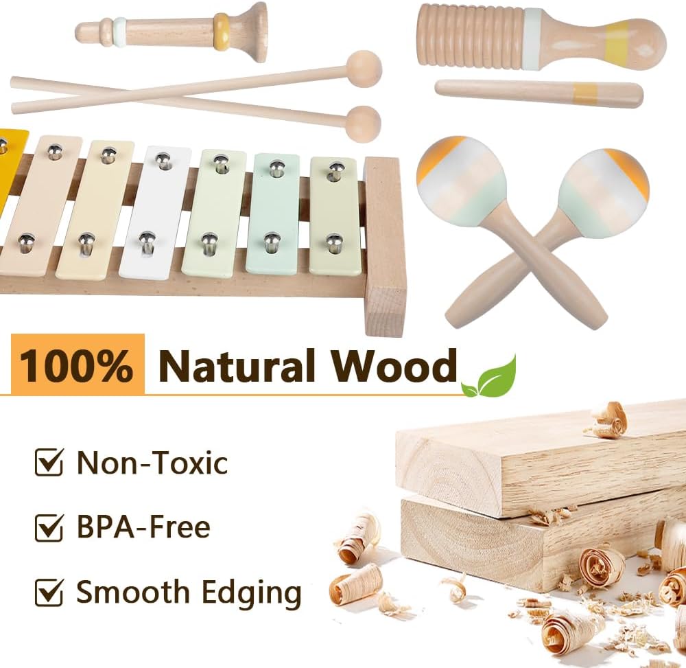 Baby Musical Instruments-Montessori Wooden Toys for Toddlers 1-3,Neutral Colors Percussion Instruments Set with Modern Boho Xylophone for Kids Preschool Educational 3+
