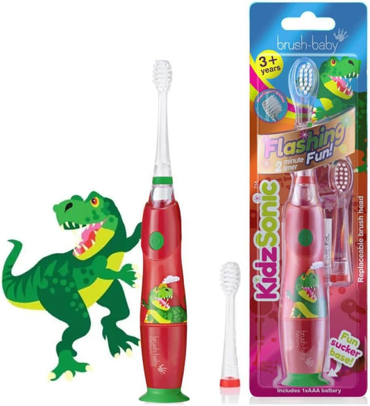 Brush‑Baby - KidzSonic Dinosaur Kids Electric Toothbrush for Ages 3+ with Disco LED Lights, Gentle Sonic Vibrations, 2-Minute Smart Timer & 30‑Second Pulse Reminders – AAA Battery Included