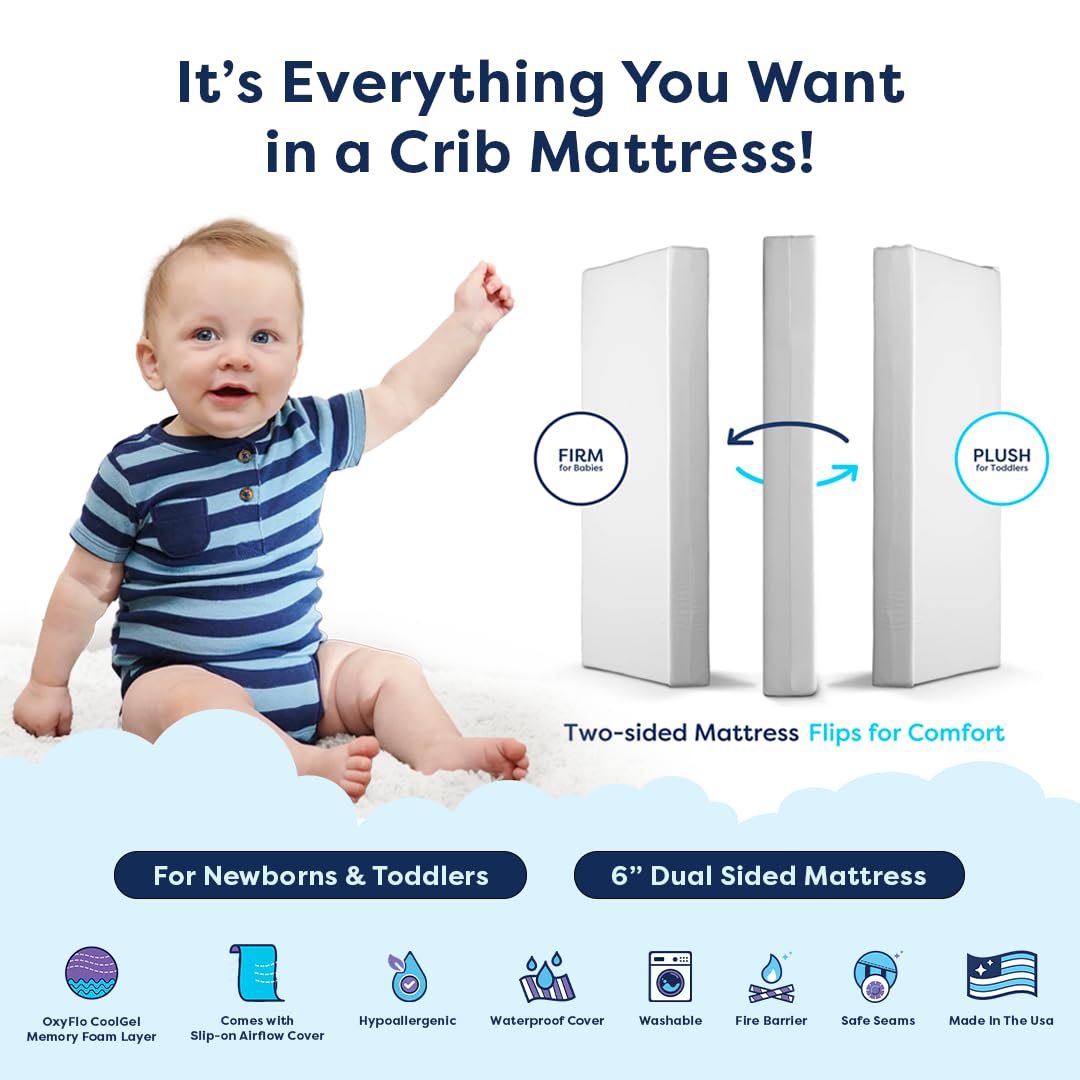 Moonlight Slumber Luxury Dreamer Crib Mattress - Dual-Sided, 2-Stage Baby and Toddler Mattress with Cool Memory Foam Layer and Breathable Mattress Cover - Hypoallergenic and Waterproof - 52"x27.5"x6"