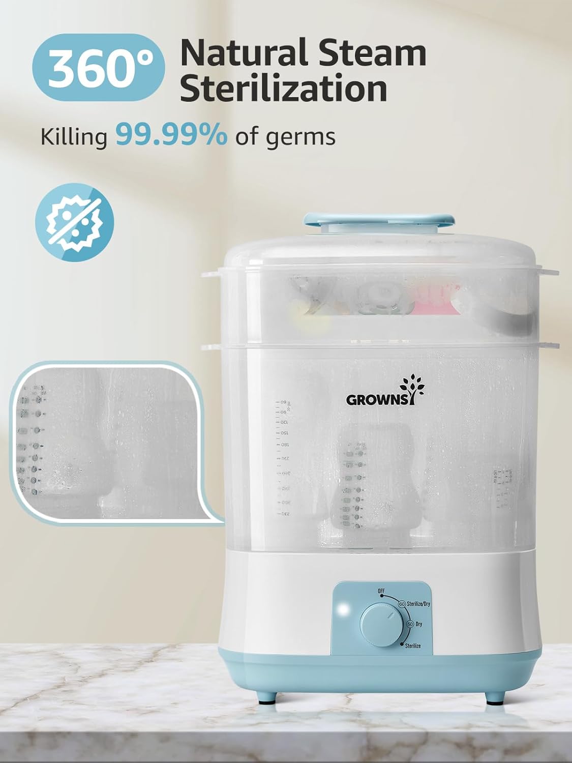 GROWNSY Adjustable 3 in 1 Large Bottle Sterilizer and Dryer, Electric Steam Baby Bottle Sterilizer, Bottle Sanitizer for Baby Bottles & Pacifiers, Breast Pump Parts Blue