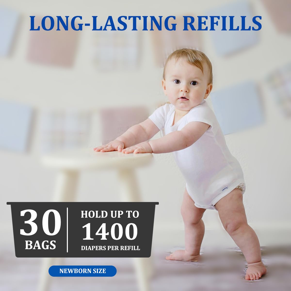 Diaper Pail Bags Refills 4 Pack (120 Count), Compatible with Genie Easy Roll Signature and Platinum Pails, 7-Layer Odor Control, Extra Thickness, Lasts up to 8 Months Per Refill