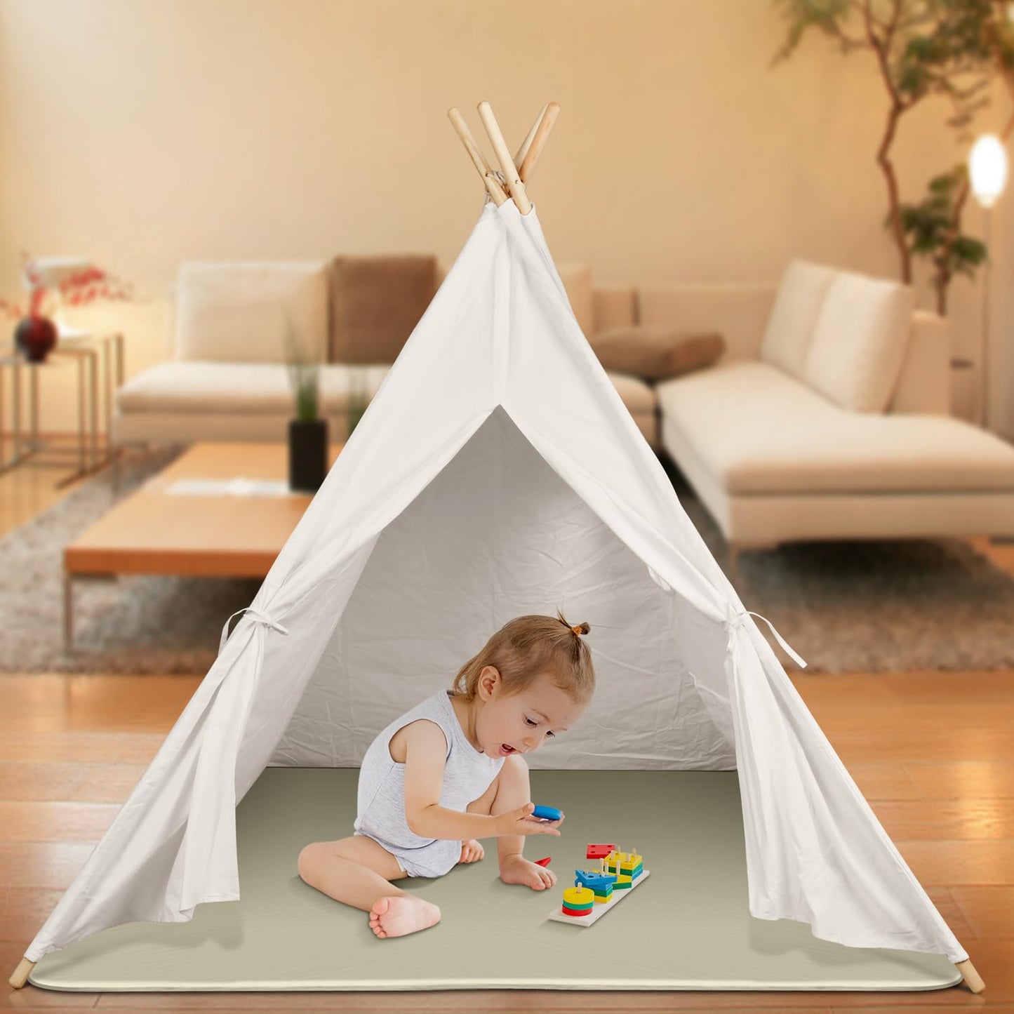 Baby Play Mat, 43x43 Inch Thicken Portable Self-Inflating Playmat for Kids Teepee Tent, Cushion Baby Mat for Floor, Tummy Time Mat with Travel Bag