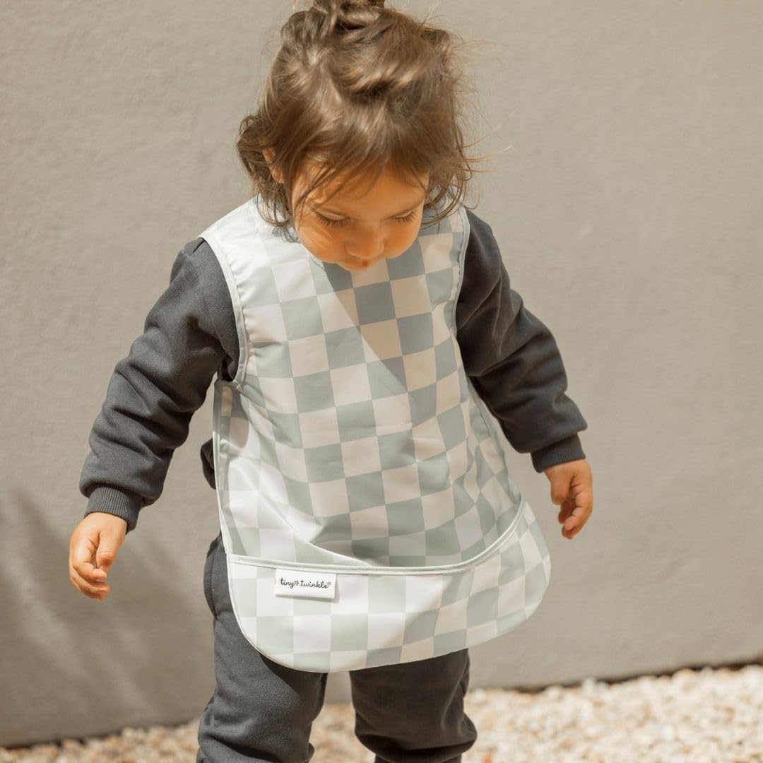 Tiny Twinkle Mess Proof Baby Bib - Waterproof & Lightweight Baby-Led Weaning Apron | 100% Recycled Polyester, Easy Clean & Machine Washable (Green Checkers, Large 2-4 Years)