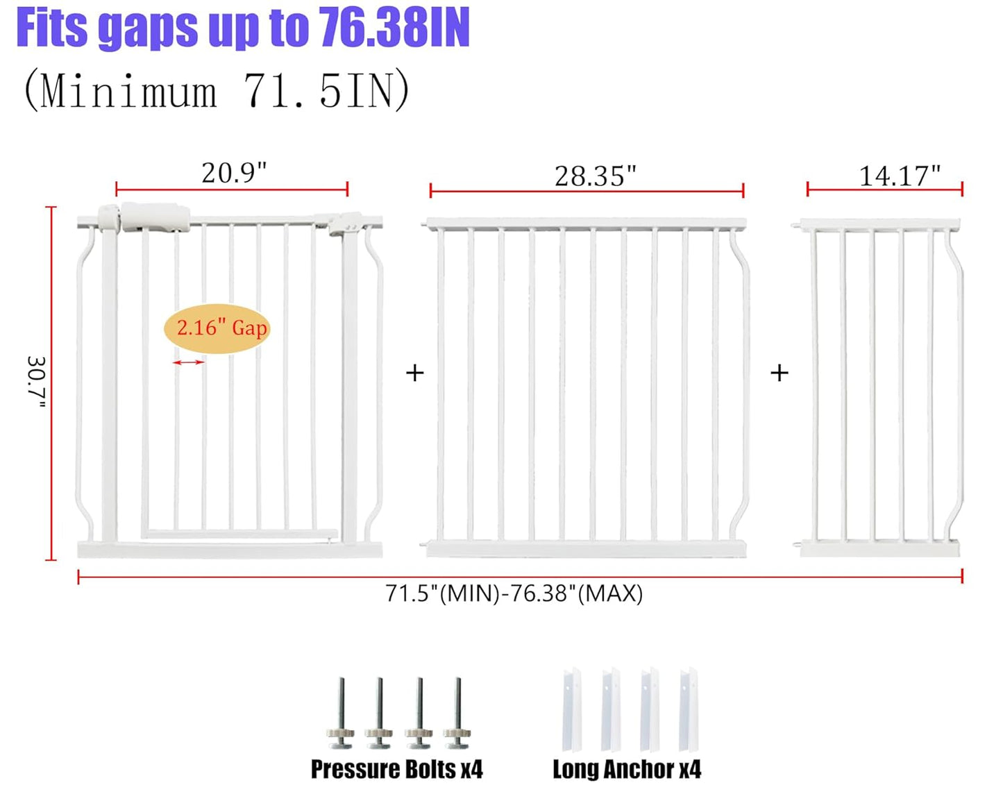Baby Gates Extra Wide 71.5-76.4 Inch Large Baby Gates for Stairs Tension Pet Dog Gates Indoor for Doorways No Drilling Pressure Mounted Pet Gates for Kids