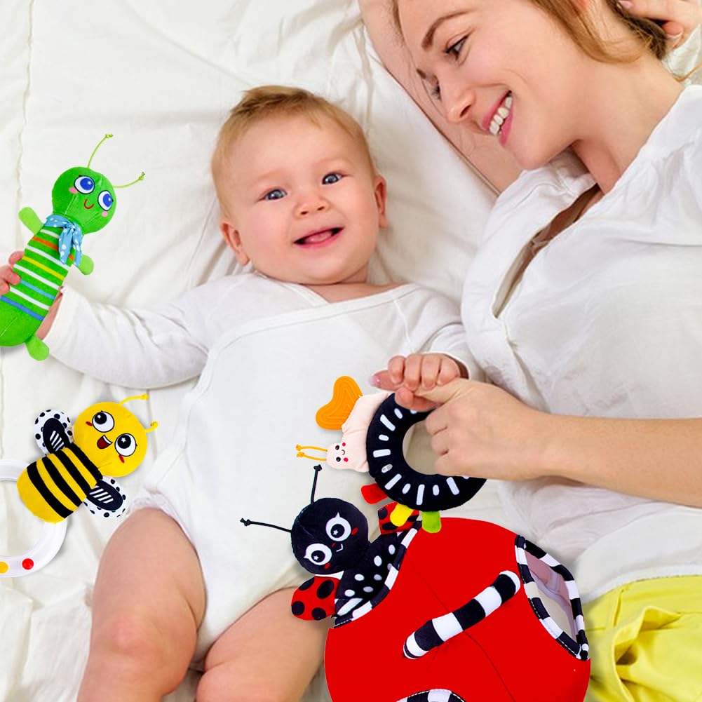 Baby Rattle Toys, Infant Soft Stuffed Animal Rattles Set - Sensory Development Toys, Baby Toys Stuffed Animals Soft Crinkle Sensory Handbells Baby Rattles, Soft Busy Toys for Toddlers Boys Girls
