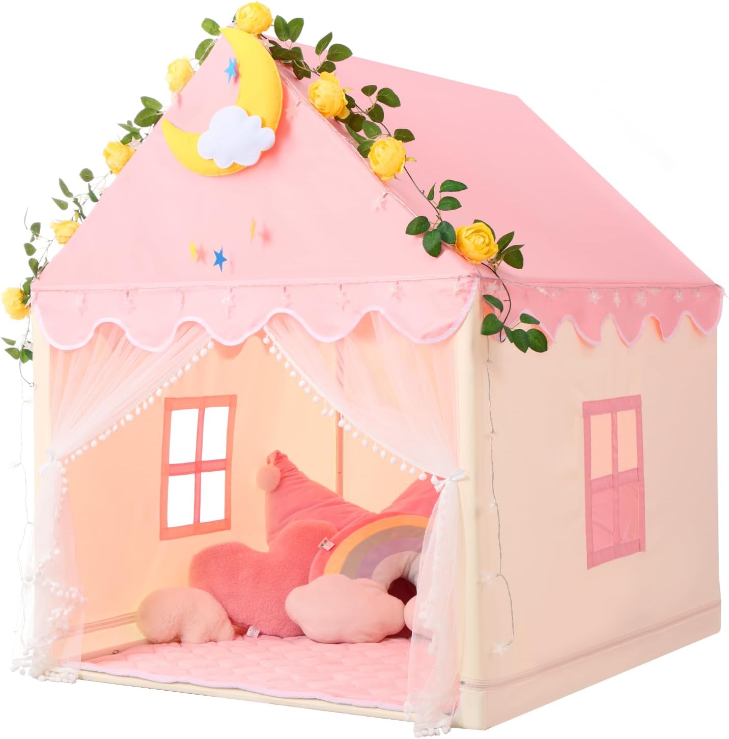 Wilwolfer Kid Tent with Mat, Star Lights - Kids Play Tents for Toddlers Kids Tents Indoor Playhouse - Princess Tent for Girls Toy House Gift (Pink with Mesh)