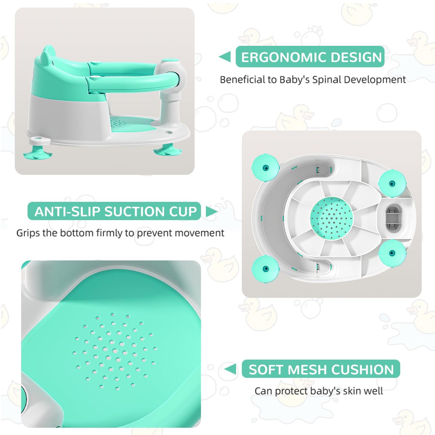 Baby Bath Seat for Babies 6 Months & up, Non-Slip Toddler Bath Seats for Babies Sitting Up, Safe Infant & Newborn Bathtub Chair with 4 Suction Cups & Soft Cushion for Shower,Mint