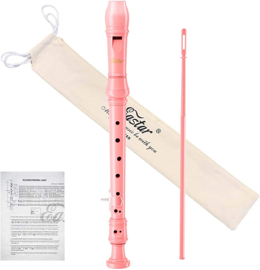 Eastar Soprano Recorder Instrument for Kids Beginners, German Fingering C Key with Cleaning Kit, Thumb Rest, Cotton Bag, Fingering Chart, ERS-21GP, Pink, School-Approved