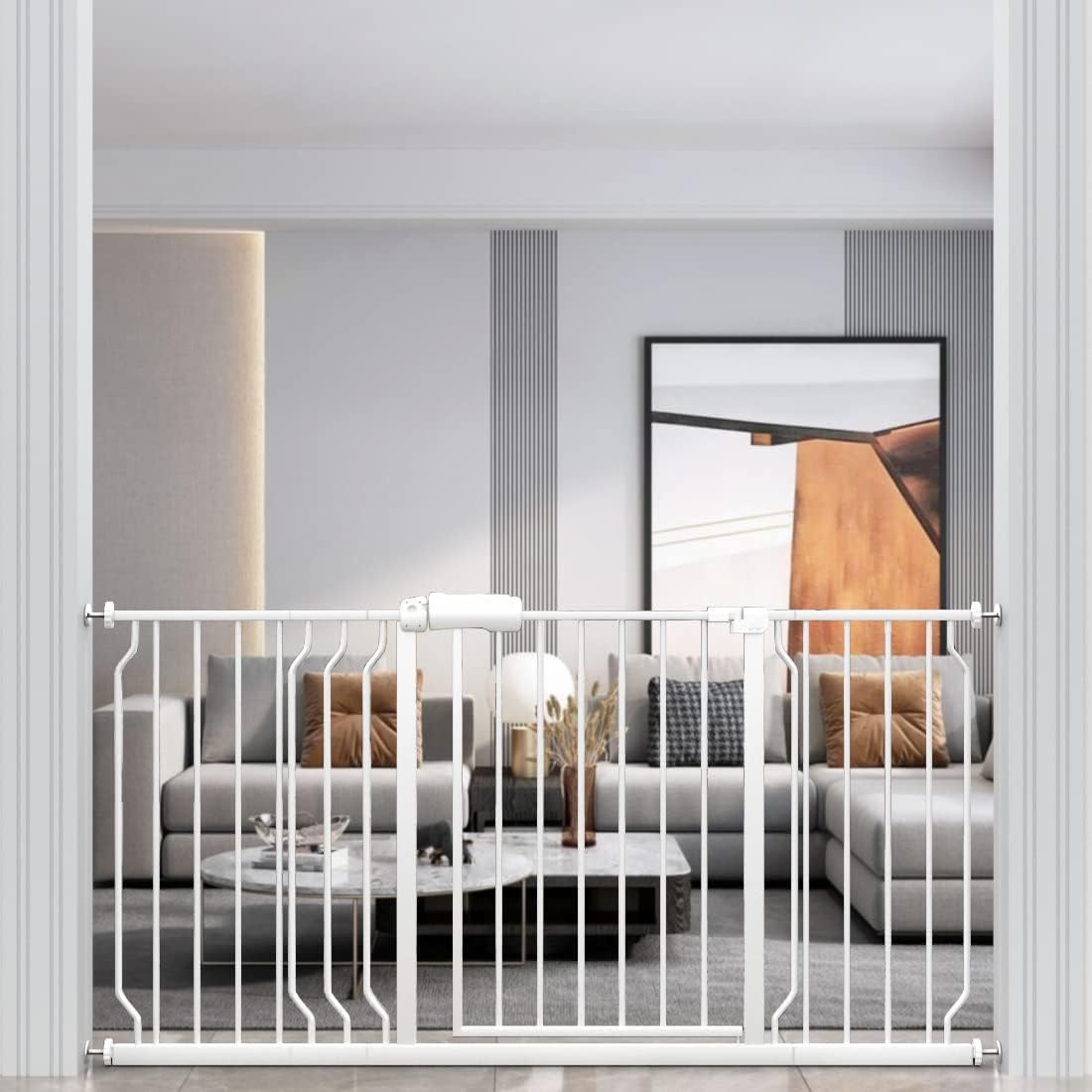 WAOWAO Baby Gate 57.48-62.17" Extra Wide Pressure Mounted Walk Through Swing Auto Close Safety White Metal Toddler Kids Child Dog Pet Puppy for Stairs,Doorways,Kitchen