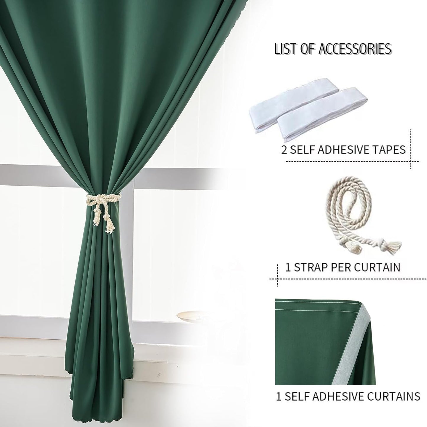 Blackout Curtains for Bedroom Stick On Curtains Window Shades Pull Down Blackout Window Cover No Drillng Self Adhesive Curtains No Rod Small Curtain, 35" W X 59" L, Dark Green, 1 Panel
