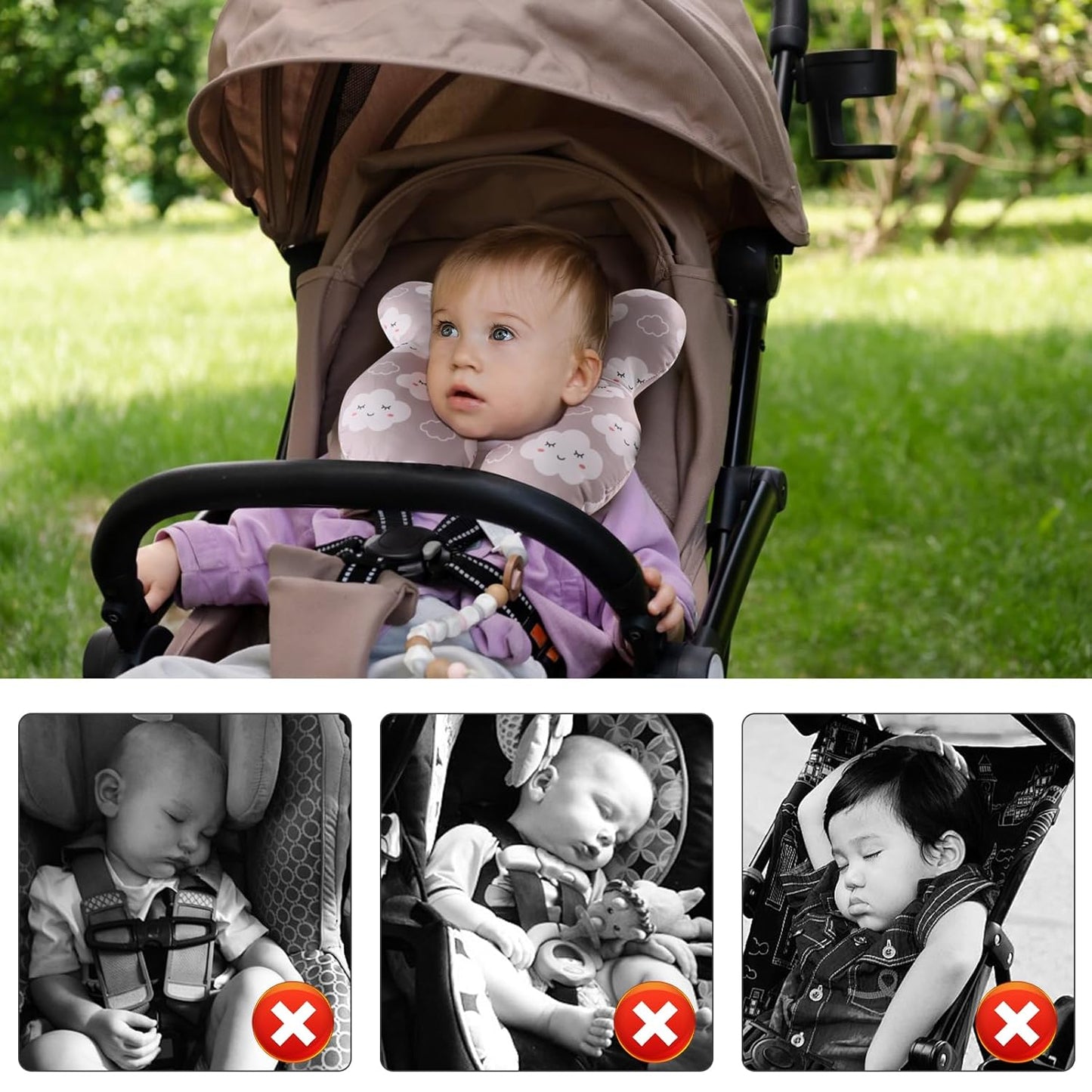 vocheer Baby Travel Pillow(Upgraded), Head and Neck Support Pillow for Pushchair, Car Seat,Stroller, Bouncer, Cotton(Grey Cloud