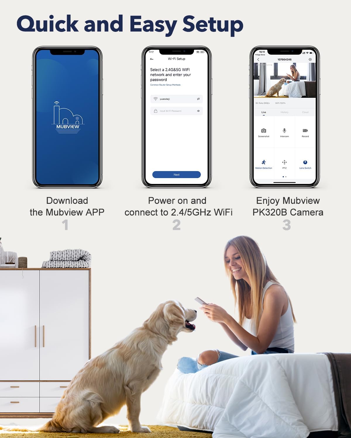 MUBVIEW Pet Camera with Phone App, Indoor Security Camera, 2.4/5GHz WiFi Cameras for Home Security, Wired Cameras for Dog/Elder/Baby, Motion Tracking, PT, 7X24, Two-Way Audio, 2K Night Vision (4 Pack)