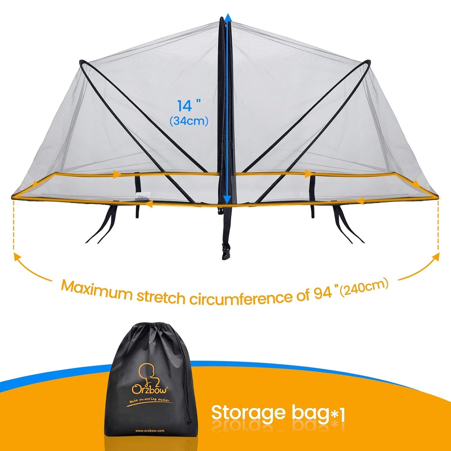 Orzbow Universal Mosquito Net for Stroller, Baby Bug Net with Two-Way Zippers & Storage Bag, Breathable & Foldable Mosquito Nets for Strollers, Car Seat, Bassinet, Cradle, Portable Mini Crib, Black
