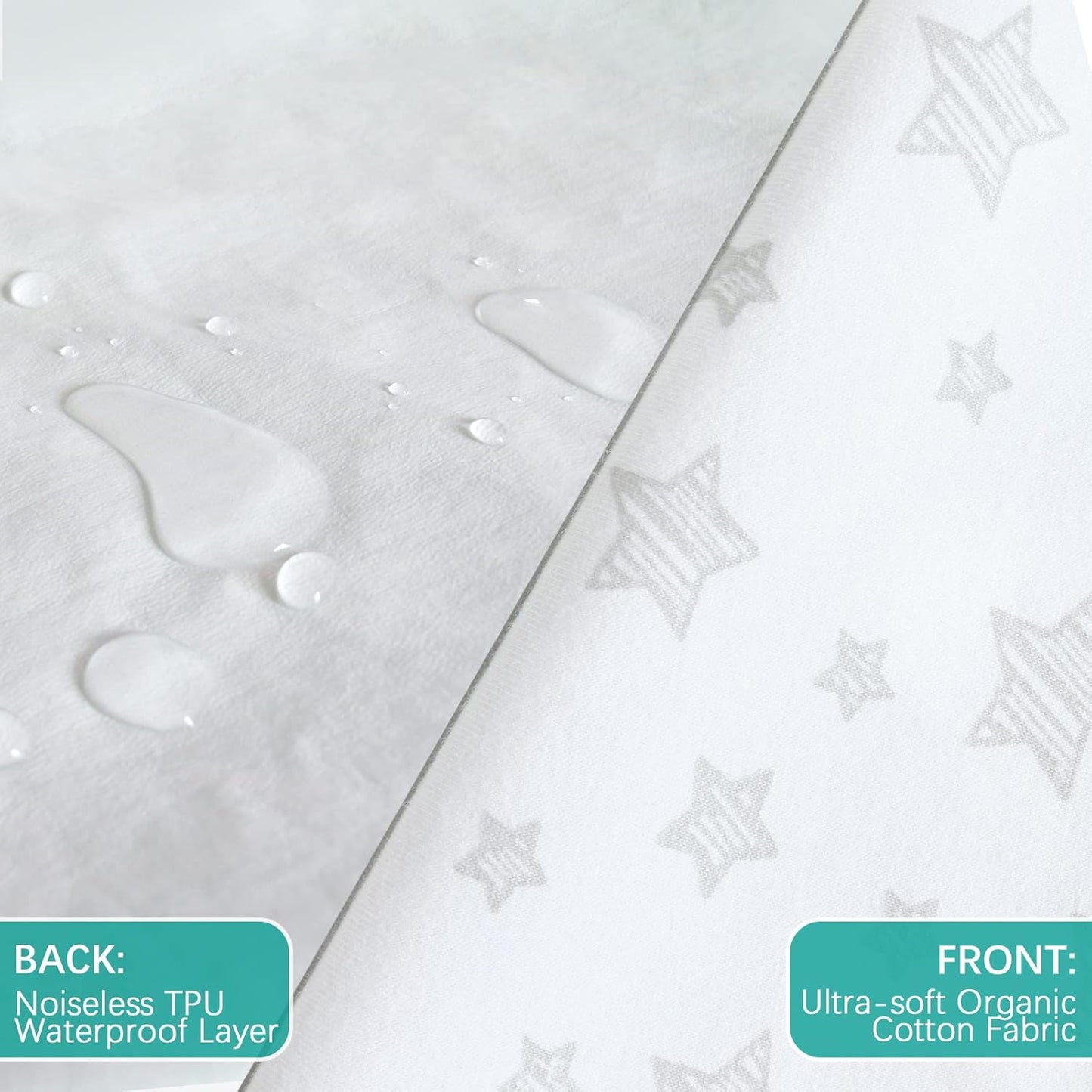 Waterproof Crib Mattress Protector 2 Pack, 100% Organic Cotton Crib Mattress Sheet, Fitted Crib Sheet, Ultra Soft & Breathable Toddler Bed Sheets for Boys and Girls, White & Grey Star Print