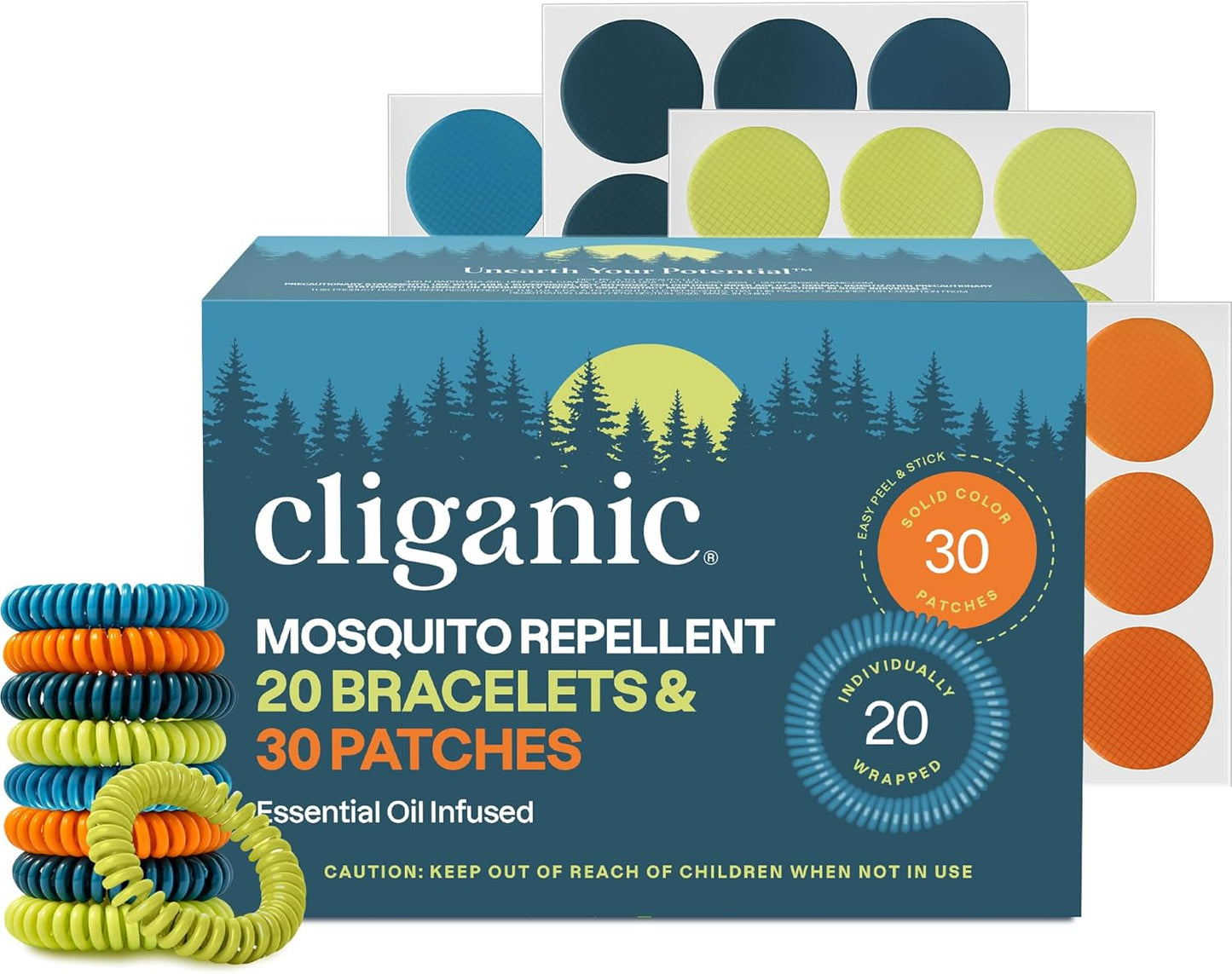 Cliganic Mosquito Repellent Bracelet Stickers Pack for Kids & Adults Multi Color, Natural DEET-Free, Essential Oil Infused 20 Bands with 30 Patches, Citronella Scent (50)