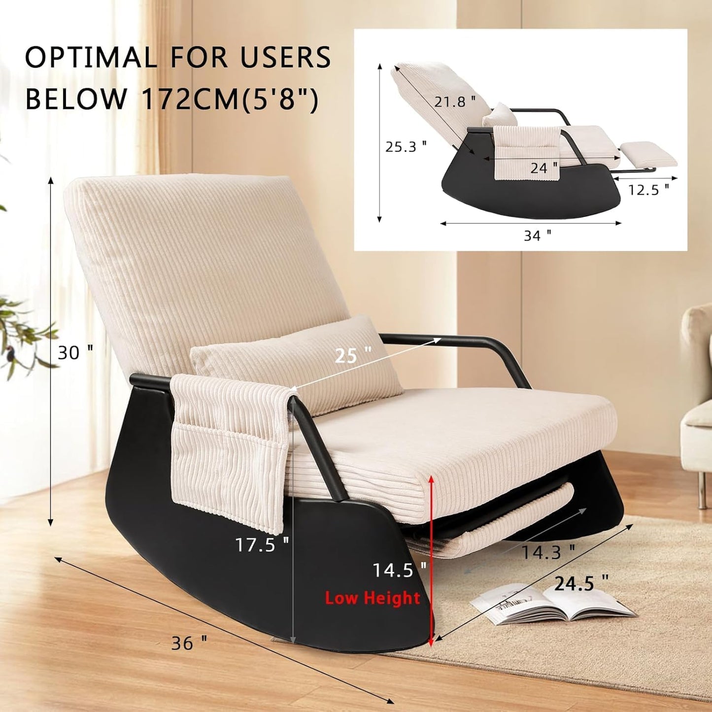 Rocking Chair for Nursery, Modern Upholstered Plush Seating Glider Recliner Chair with High Backrest and Side Pocket, Accent Armchair with Cushions for Living Room/Reading (Beige)