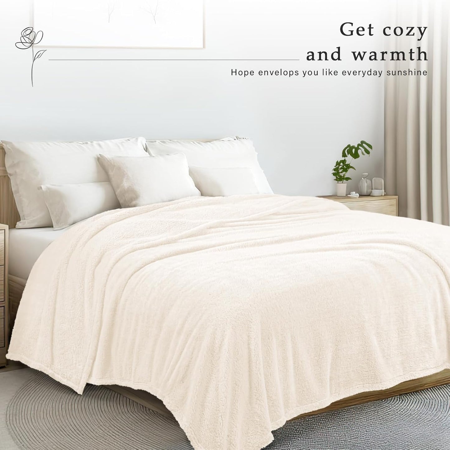 Exclusivo Mezcla Queen Size Flannel Fleece Blanket, Super Soft Velvet Plush Bed Blanket, Fuzzy Cozy and Warm for All Seasons, 90x90 Inches, Ivory