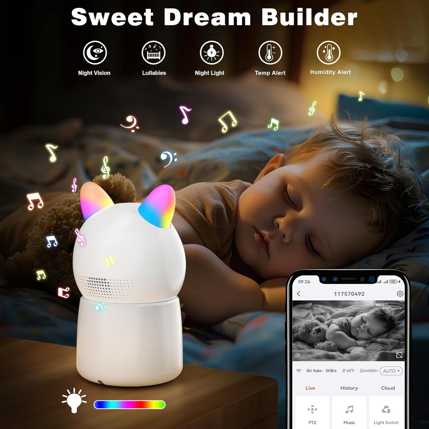 1080P Pan/Tilt Security Camera for Baby Monitor, 2.4G WiFi Pet Camera with Motion Detection, Night Vision, 2-Way Talk, RGB Night Lights, Lullabies, TF/Cloud Storage, Works with Alexa & Google Home