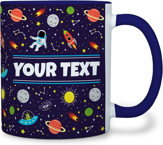 Personalized Mug for Kids - Outer Space - Custom Name/Text, Ceramic Hot Chocolate/Cocoa/Coffee Cup for Boys/Girls, Birthday/Christmas/Holiday Gift - 11 oz, Navy Blue Handle
