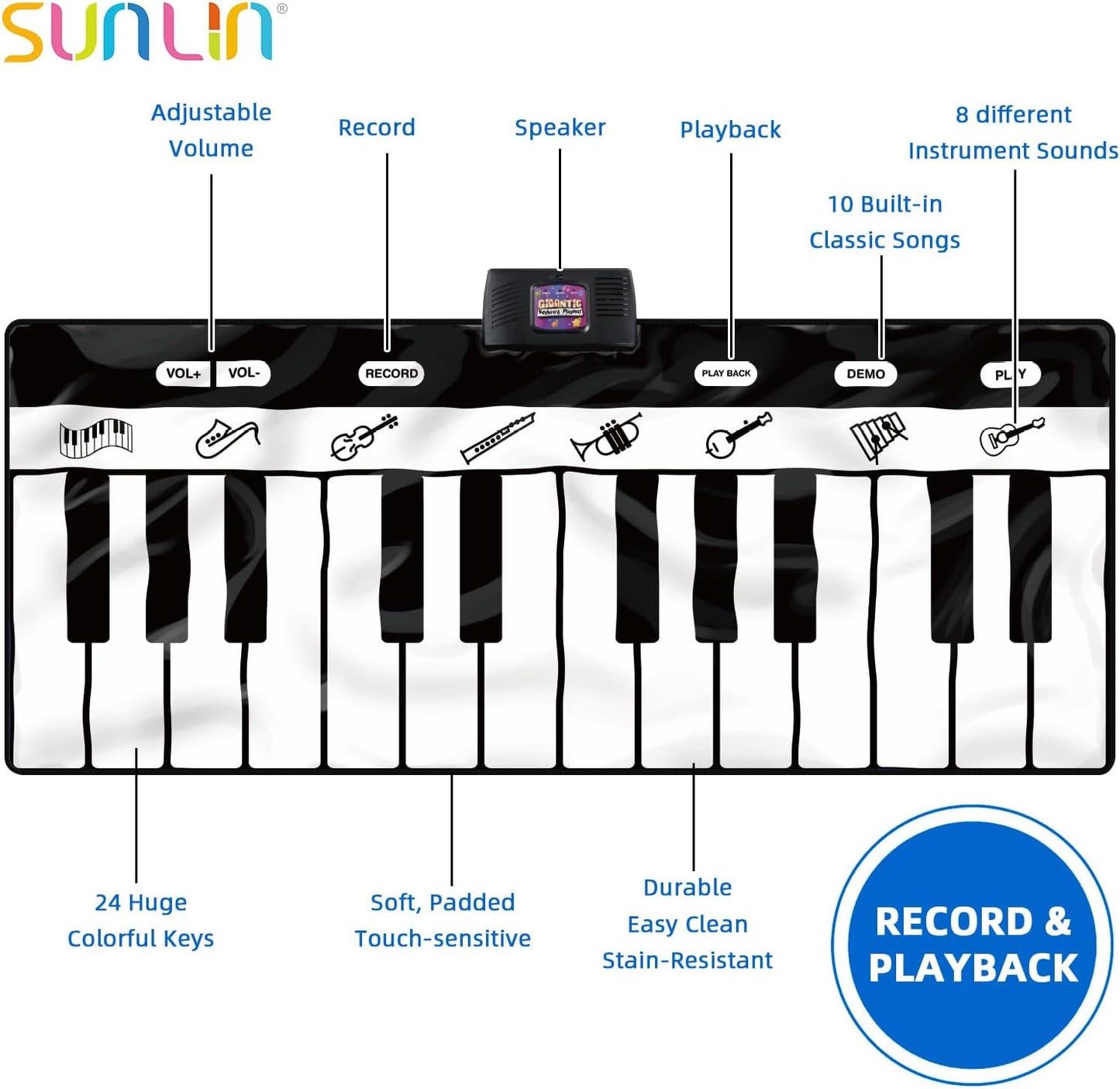 SUNLIN 6ft. Piano Mat, Floor Keyboard Playmat: 24 Keys, 10 Demos, 8 Instrument Sounds, Record & Playback, Giant Interactive Musical Toys Gifts for Boys & Girls Age 3 4 5 6 7 8 9 Years Old