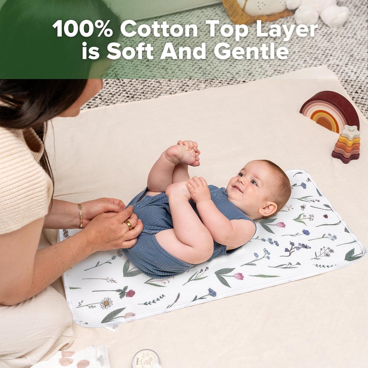 haakaa Waterproof Changing Pad Liners, 100% Cotton, Soft & Breathable (2pcs, 13" x 27.5" Honey Blossom+Spring Breeze)