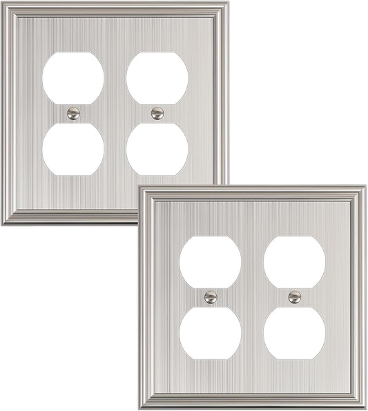 2-Pack Double Duplex Outlet Cover, Brushed Nickel Decorative Switch Plates and Outlet Covers for Electrical Outlets, Durable Zinc Alloy Wall Plates, 2 Gang Receptacle Cover