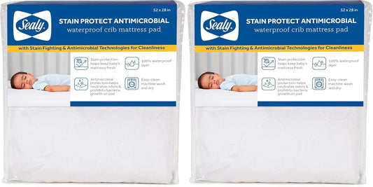 Sealy Baby Stain Protect Antimicrobial Fitted Waterproof Infant Crib Mattress Protector Pad and Toddler Bed Cover, Durable and Comfortable Topper, Machine Washable & Dryer Friendly, 52” x 28”- White