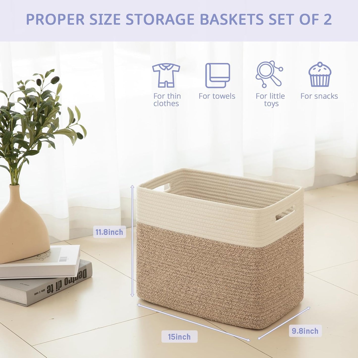 OIAHOMY Storage baskets for Shelf, Toy Storage Basket, Collapsible Storage Bins, Blanket Basket Living Room, Closet Storage for Bedroom, 15 x 9.8 x 11.8 Inches-Pack of 2-Brown, FSB-H-P-02