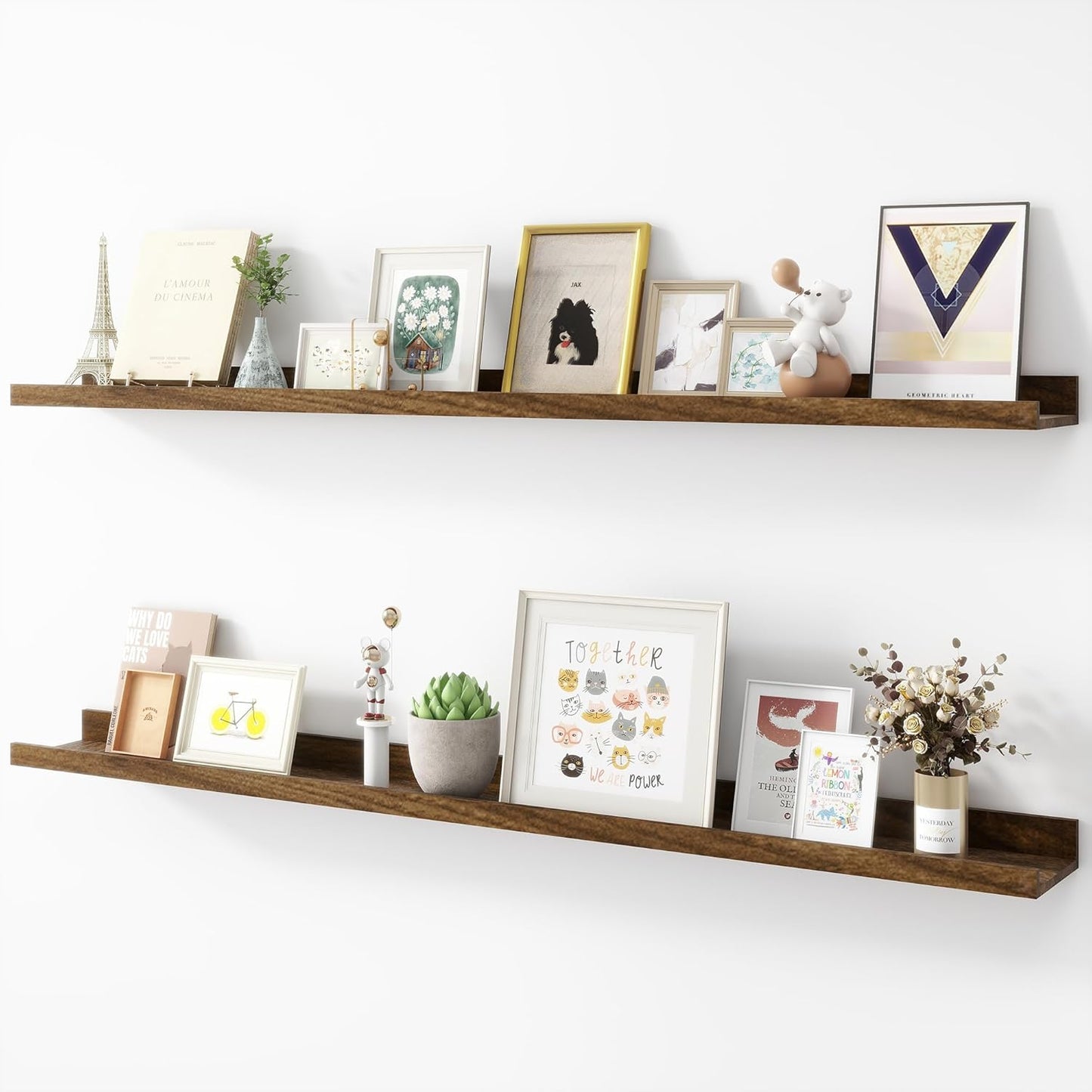 Picture Ledge Shelf, Wood Long Floating Shelves for Wall, Set of 2, 48 inch Picture Ledge Shelves, Photo Ledge Nursery Book Shelves Wall Mounted for Living Room Kids' Room Bedroom, Color Walnut