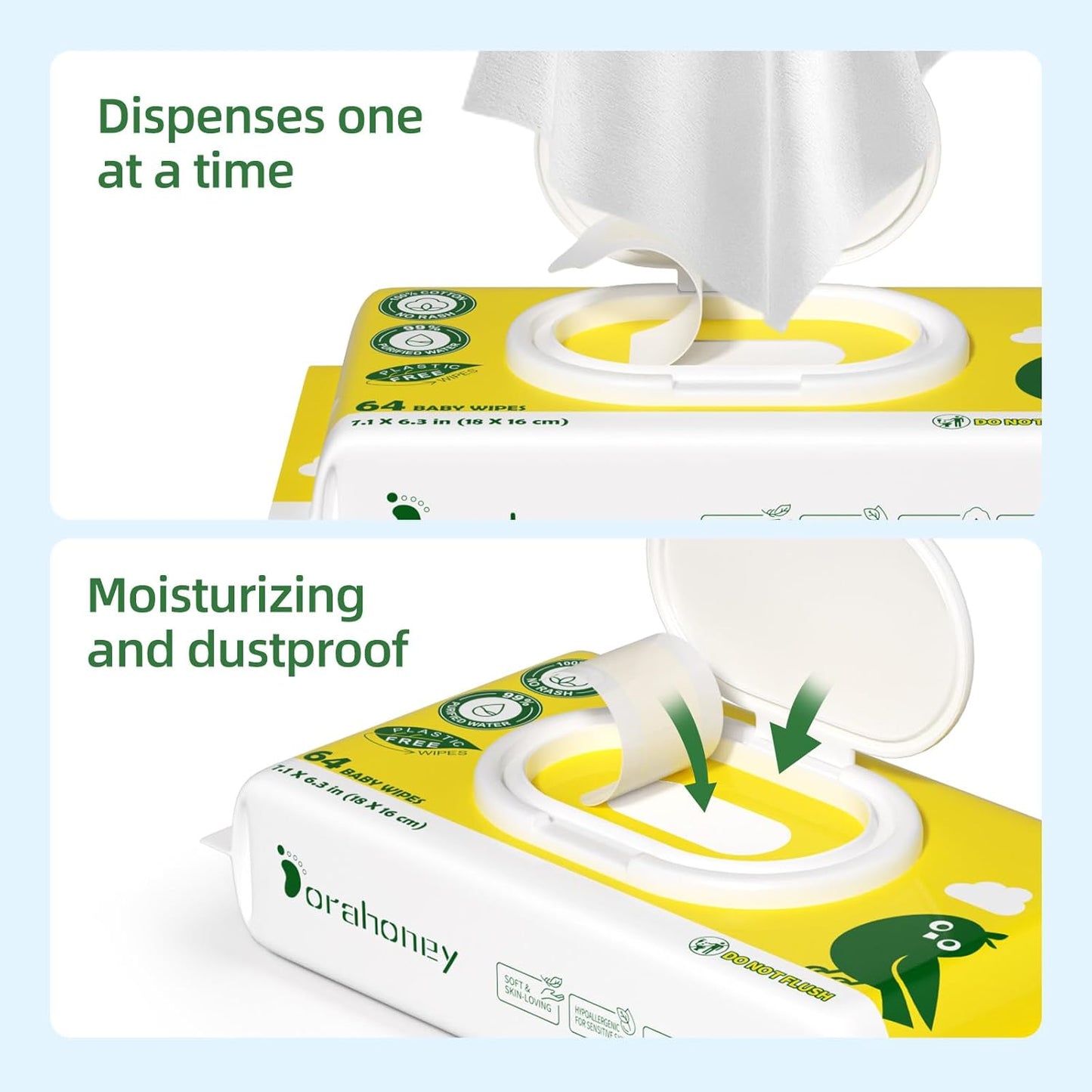 100% USA Cotton Baby Wipes for Sensitive Skin, 99% Purified Water Unscented Wet Wipes, Hypoallergenic & Plastic-Free, 1024 Count (16 Flip-Top Packs of 64)