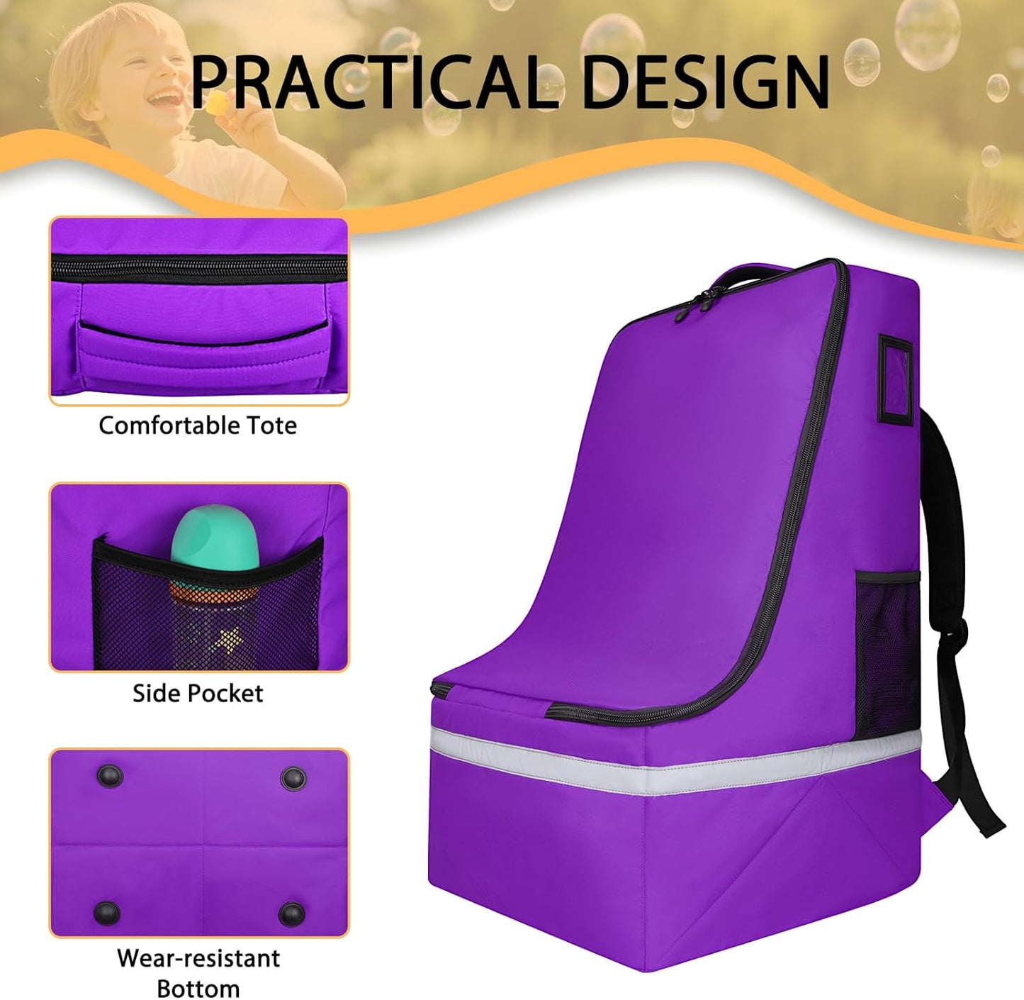 Car Seat Travel Bag for Airplane,Infant Seat Travel Bag with Shoulder Strap,Padded Car Seats Backpack with Reflective Stripes,Large Carseat Carrier Bag Travel Car Seat Cover,Purple
