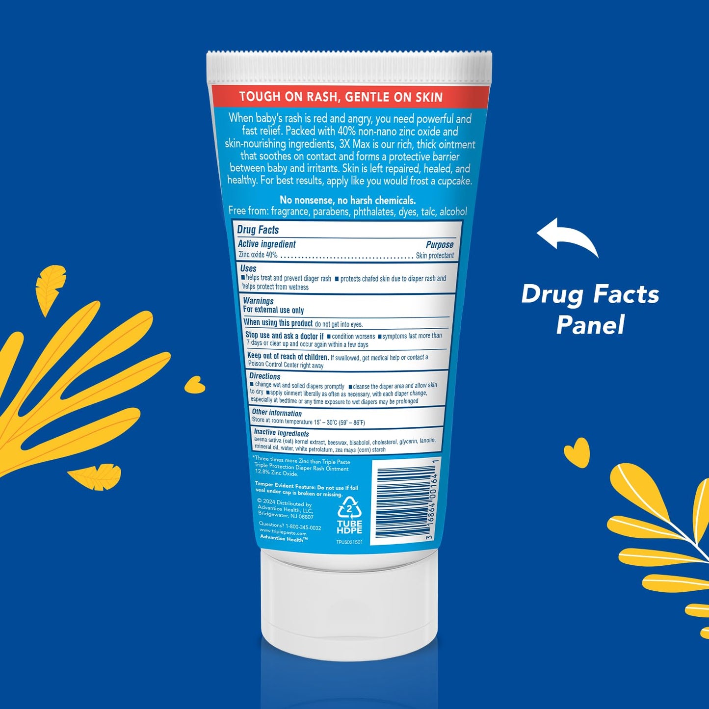 Triple Paste 3X Max Diaper Rash Ointment, Maximum Strength Zinc Oxide Ointment for Severe Diaper Rash, 6 oz Tube