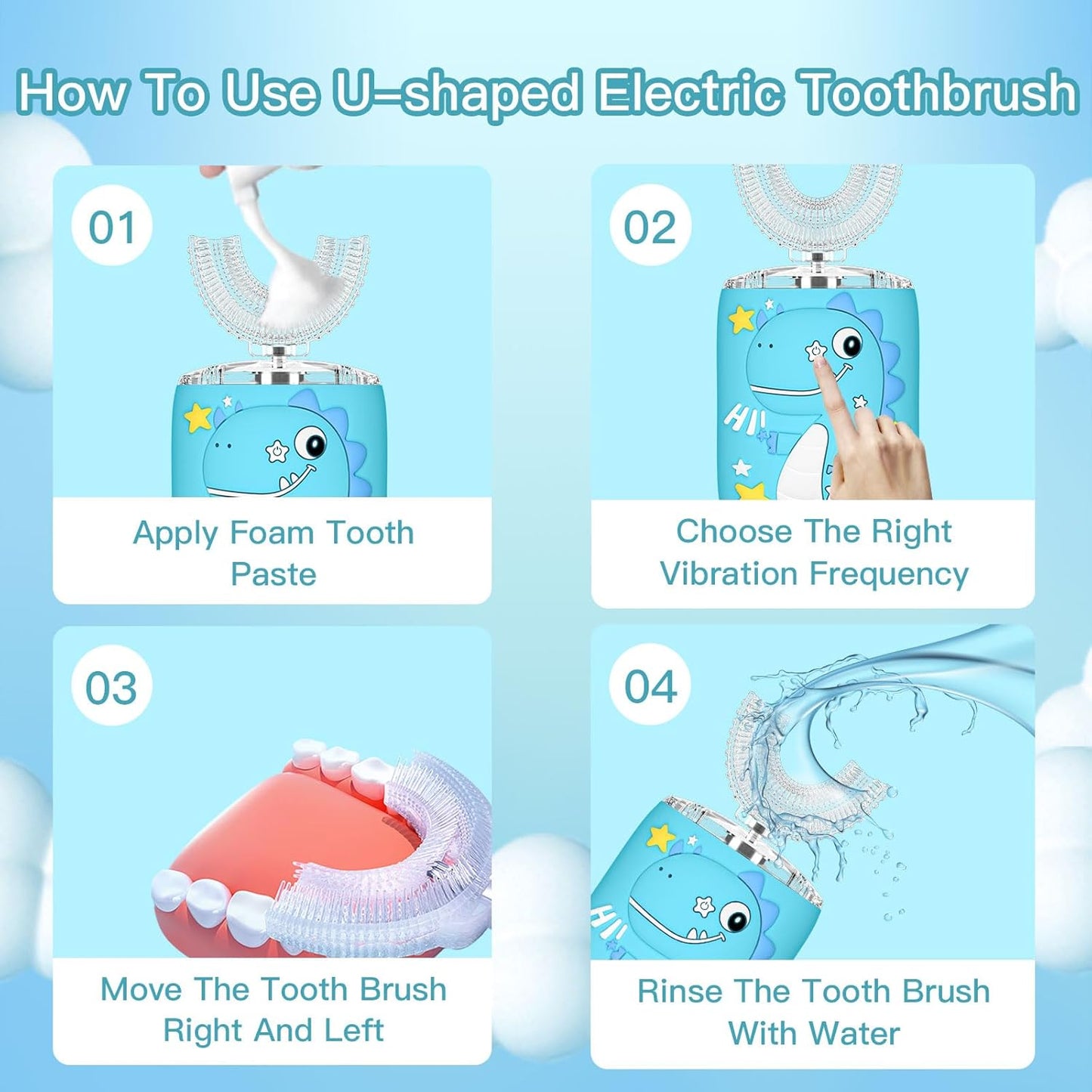 Kids Electric U Shaped Toothbrush,Kids Sonic Full Mouth Toothbrush with 4 Soft Brush Head Automatic Rechargeable 6 Cleaning Modes IPX7 Waterproof 360 Degree Cleaning - Age2-7 Blue