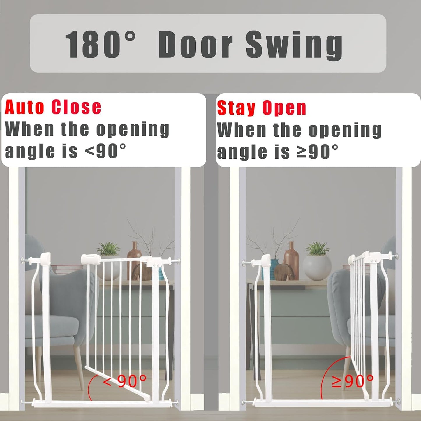 Auto Close Baby & Dog Gate 34-38.5 Inch, Tension Safety Gate Indoor, White Metal, Walk-Through Child Gate for Kids & Pets