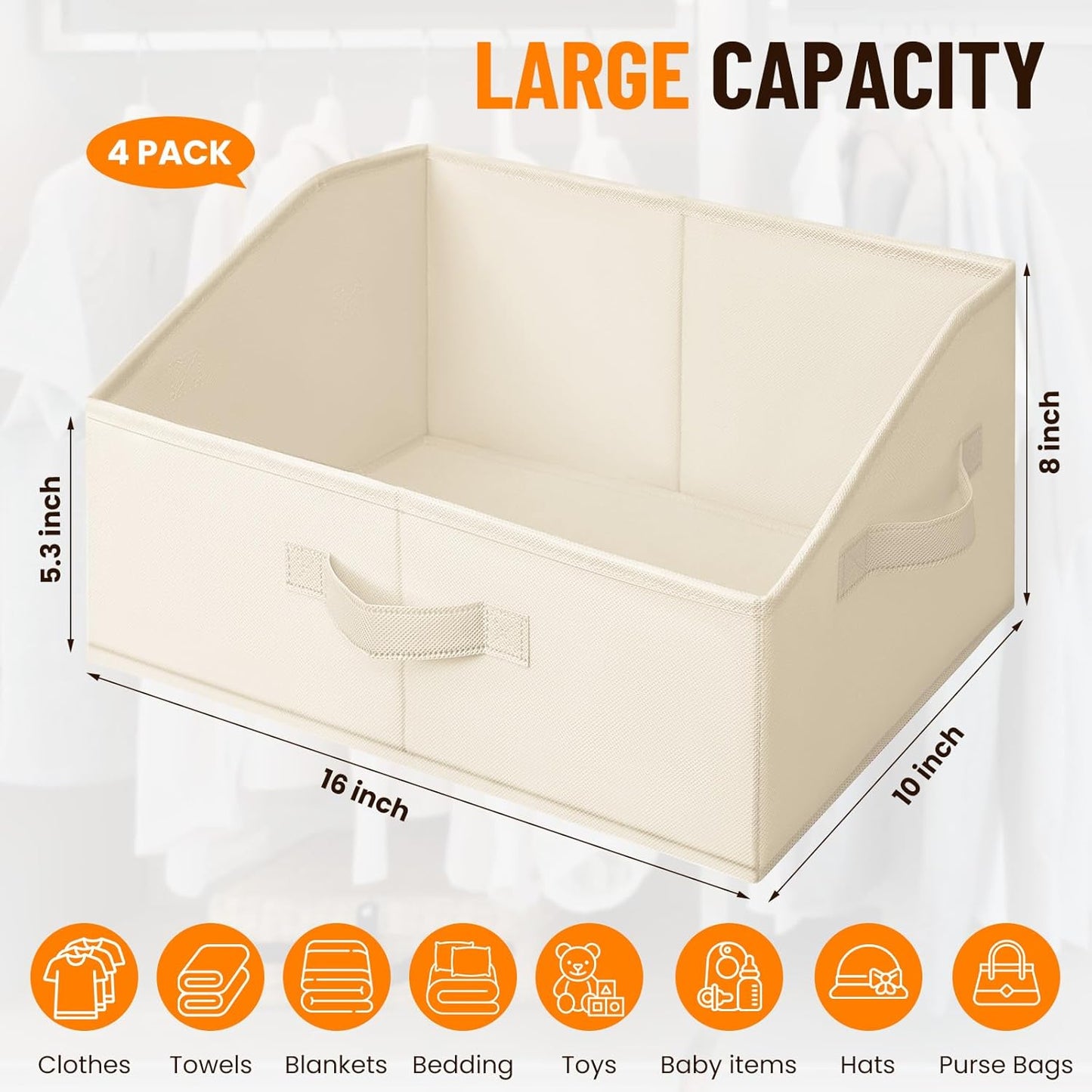 Criusia Closet Organizers Bins 4 Pack - Large Closet Shelf Organizer with Handles - Fabric Trapezoid Home Organization and Storage Baskets for Organizing Clothes Toy Blanket Towel Purse Hats