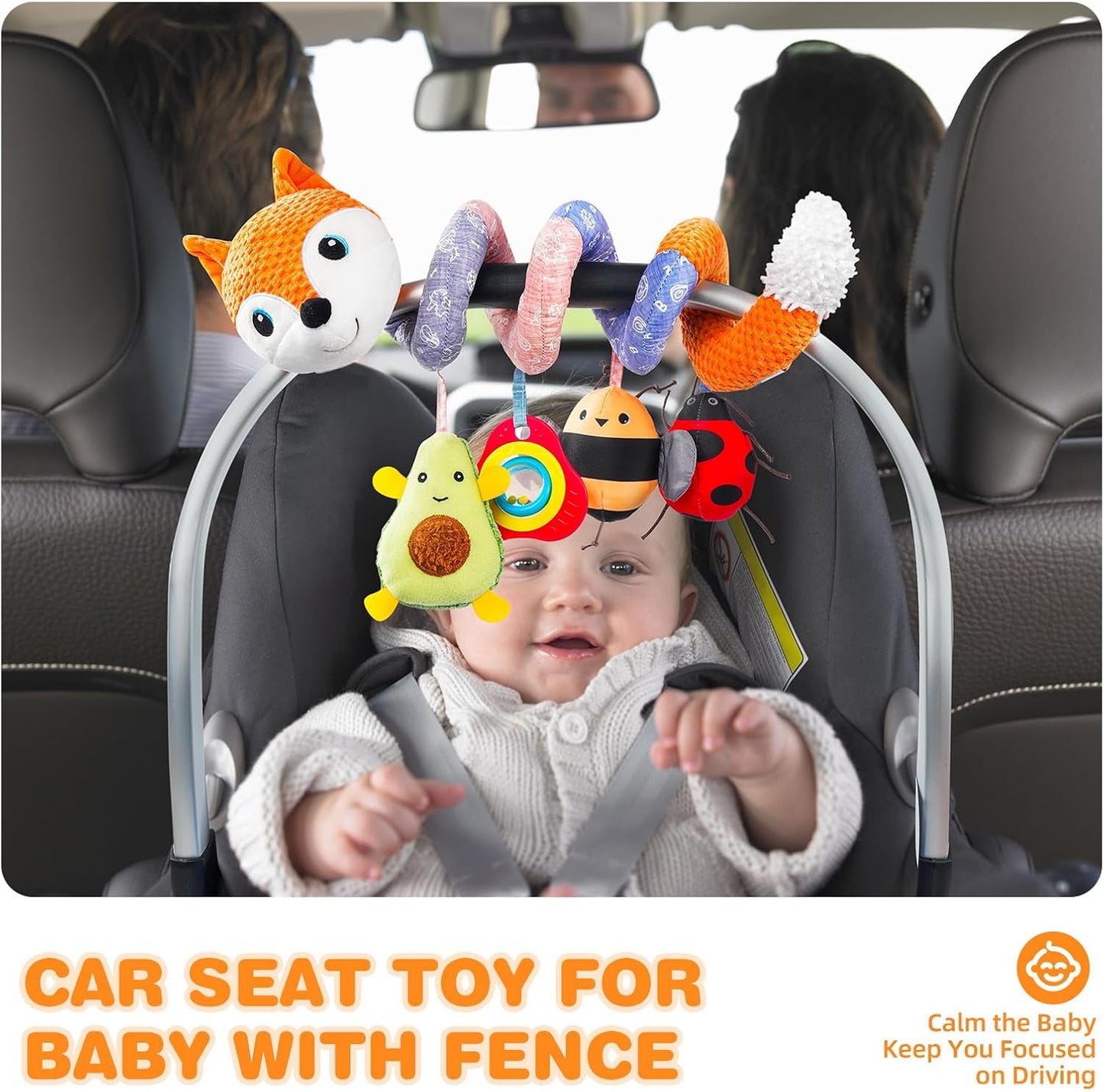 Jollybaby Baby Car Seat Stroller Toys, Plush Activity Hanging Spiral Activity Pram Crib with Music Box, Rattles, Squeaker for Babies Infant Boys Girls(Orange Fox)