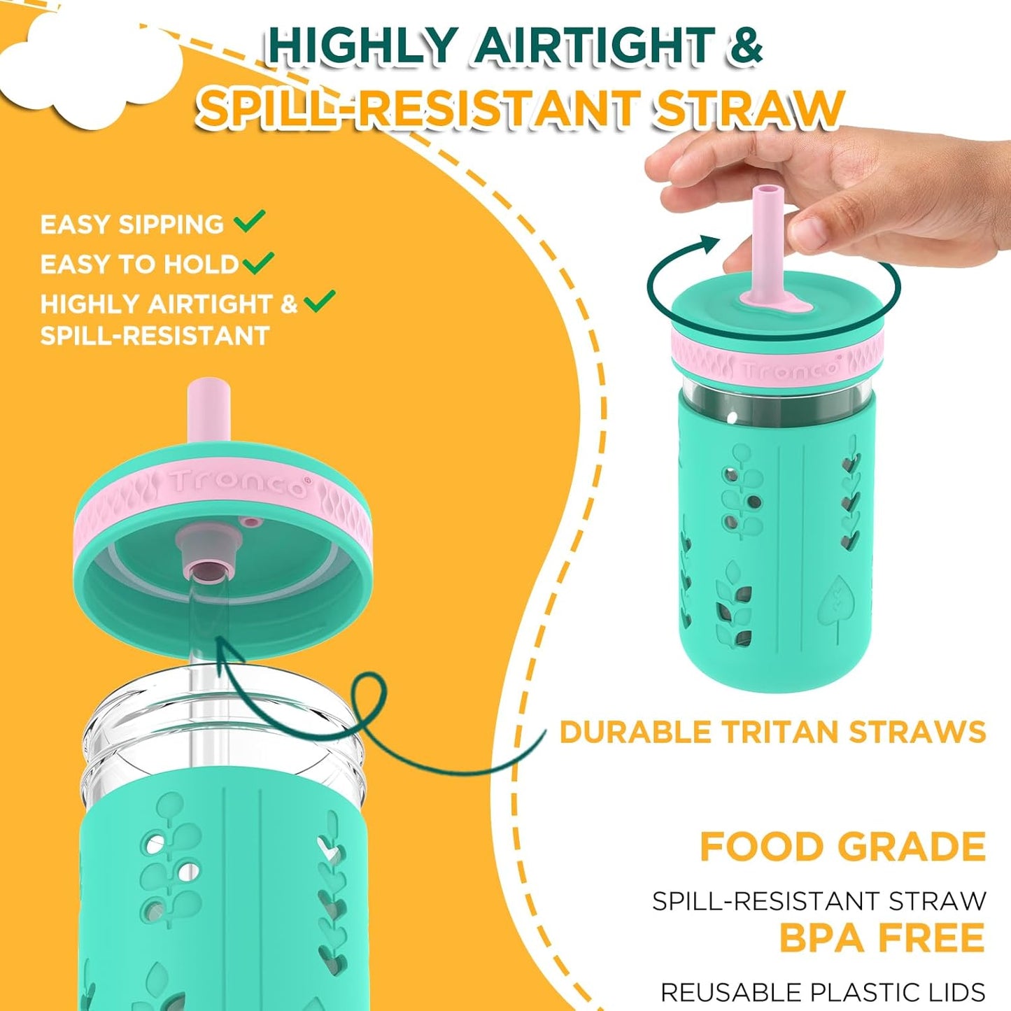 Tronco 12 oz Glass Sippy Cup for Kids & Toddlers | Mason Jar Smoothie Cups with Spill-Proof Silicone Straws, Non-Slip Silicone Sleeves & Lids, BPA-Free Snack Cups, Dishwasher Safe