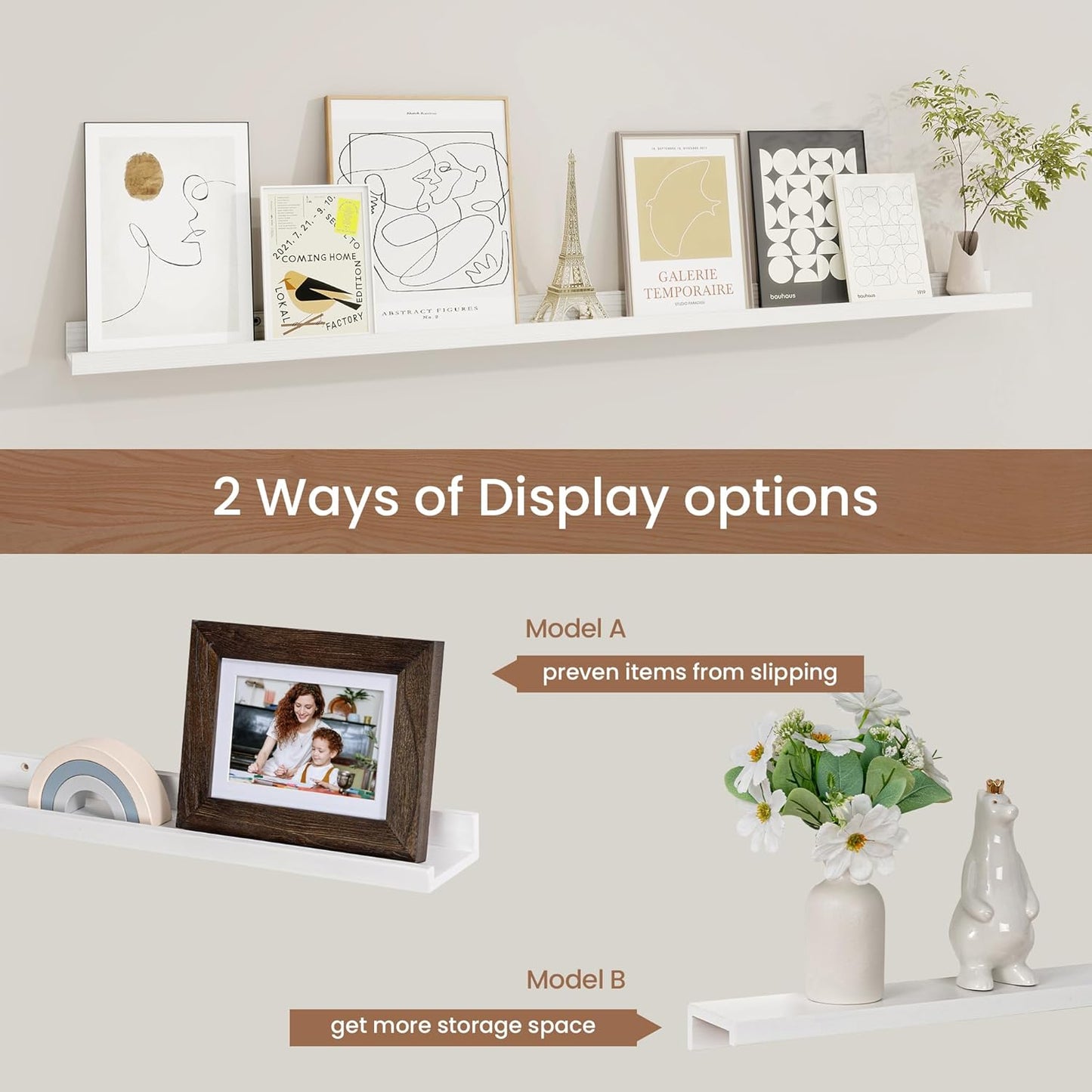 Picture Ledge Shelf, Solid Pine Wood Floating Shelves Set of 2, 48 Inches Nursery Book Shelves for Toys Storage, Kids Bookshelf Wall Mounted for Living Room Bedroom Decor Books Photo Frames, White