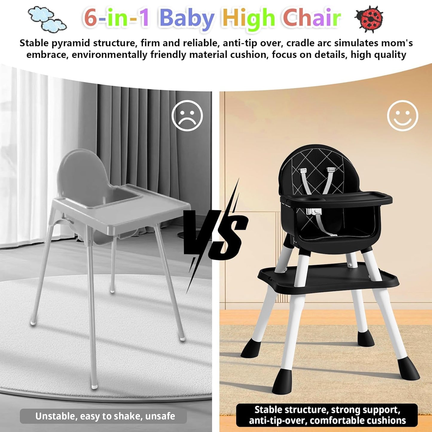 6 in 1 Baby High Chair for Babies and Toddlers, Booster Seat, Kids Learning Table & Chair (Black)
