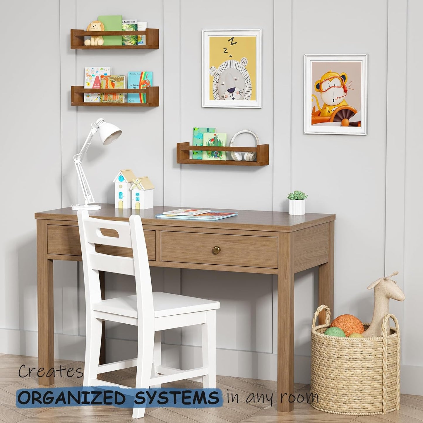 Walnut Brown Nursery Book Shelves Wall Mounted, Wooden Floating Bookshelf for Kids Room Bedroom, Dark Wood Nursery Bookshelves for Kitchen Classroom Playroom (Solid Pine, 3-Pack)