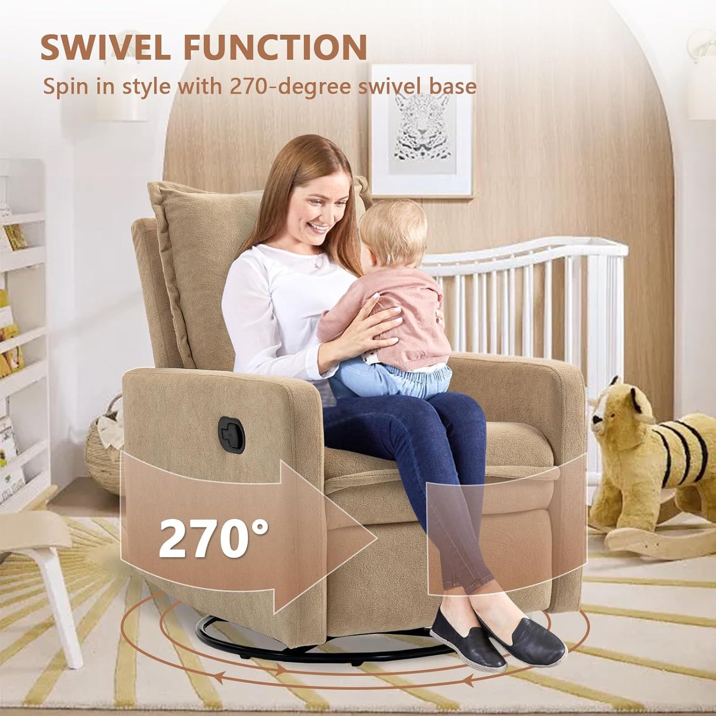 Swivel Rocking Recliner Chair for Nursery, Upholstered Glider Rocker Recliner, Swivel Reclining Chair for Nursery Living Room Bedroom, Camel Short Plush