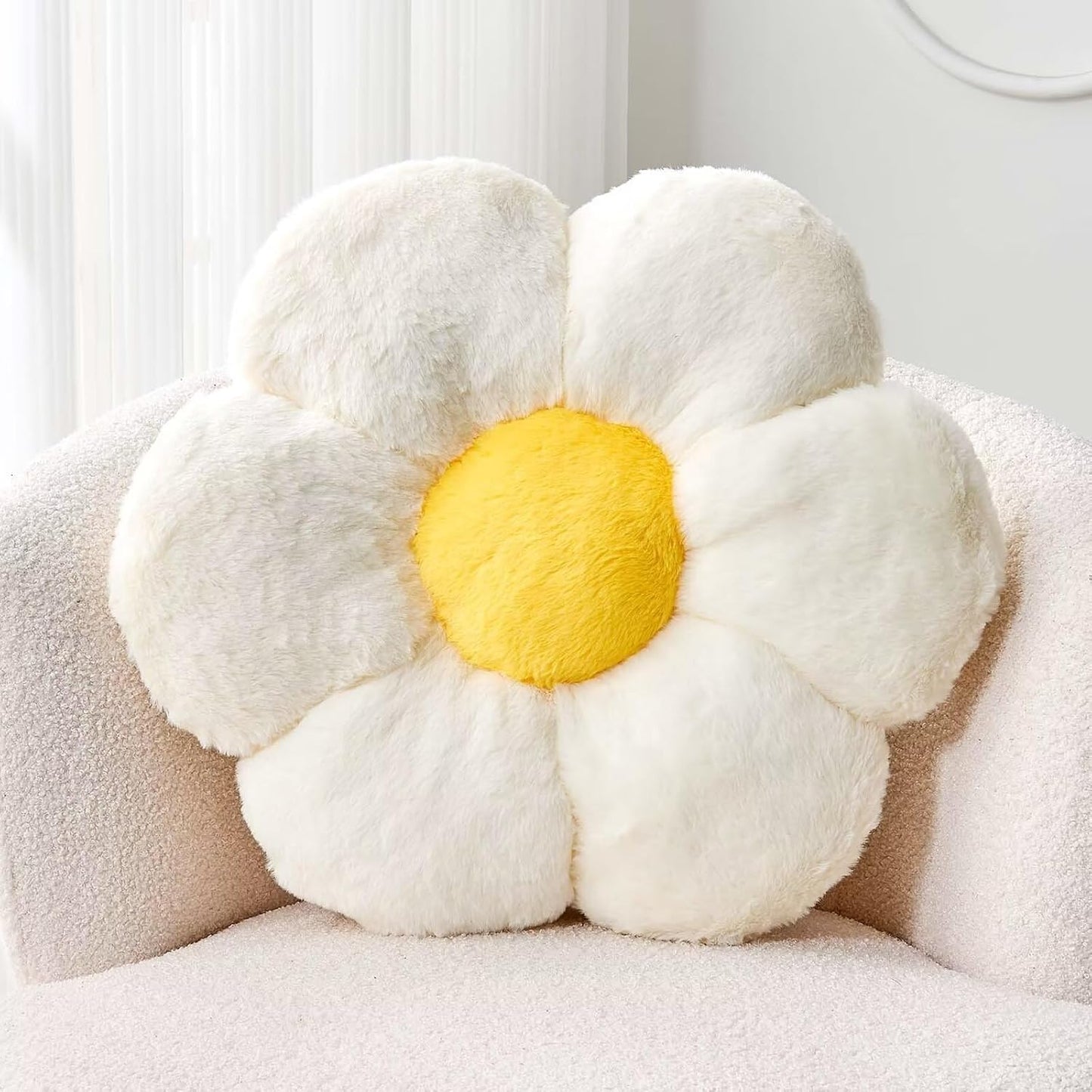 White Flower Plush Throw Pillow, Cute Decorative Flower Shaped with Faux Rabbit Fur, 19.6" Soft Plush Floor Pillow for Bedroom Living Room