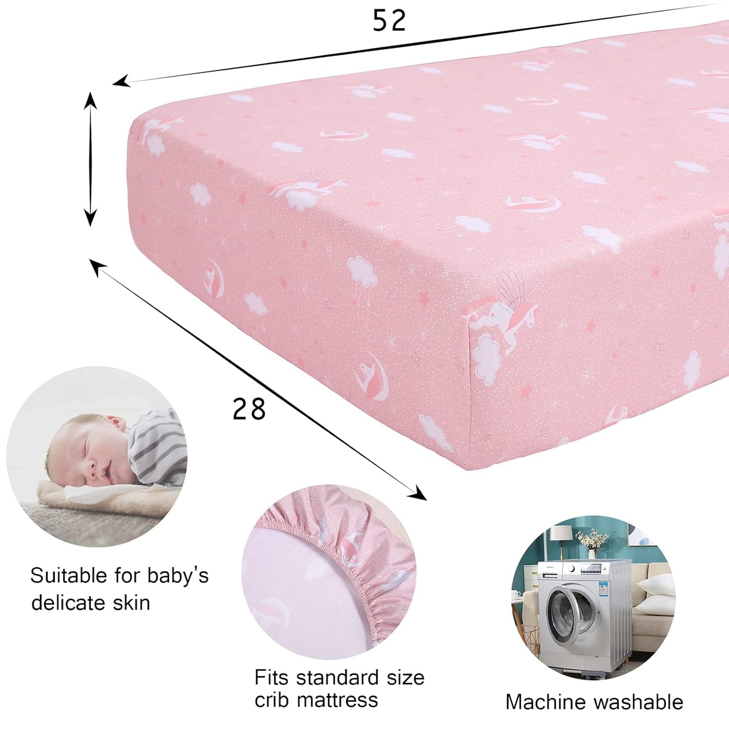 UOMNY Crib Bedding Set for Girls - Pink Baby Nursery Sets 3 Pieces Quilt Comforter Fitted Sheet Toddler Pillowcase Soft Star