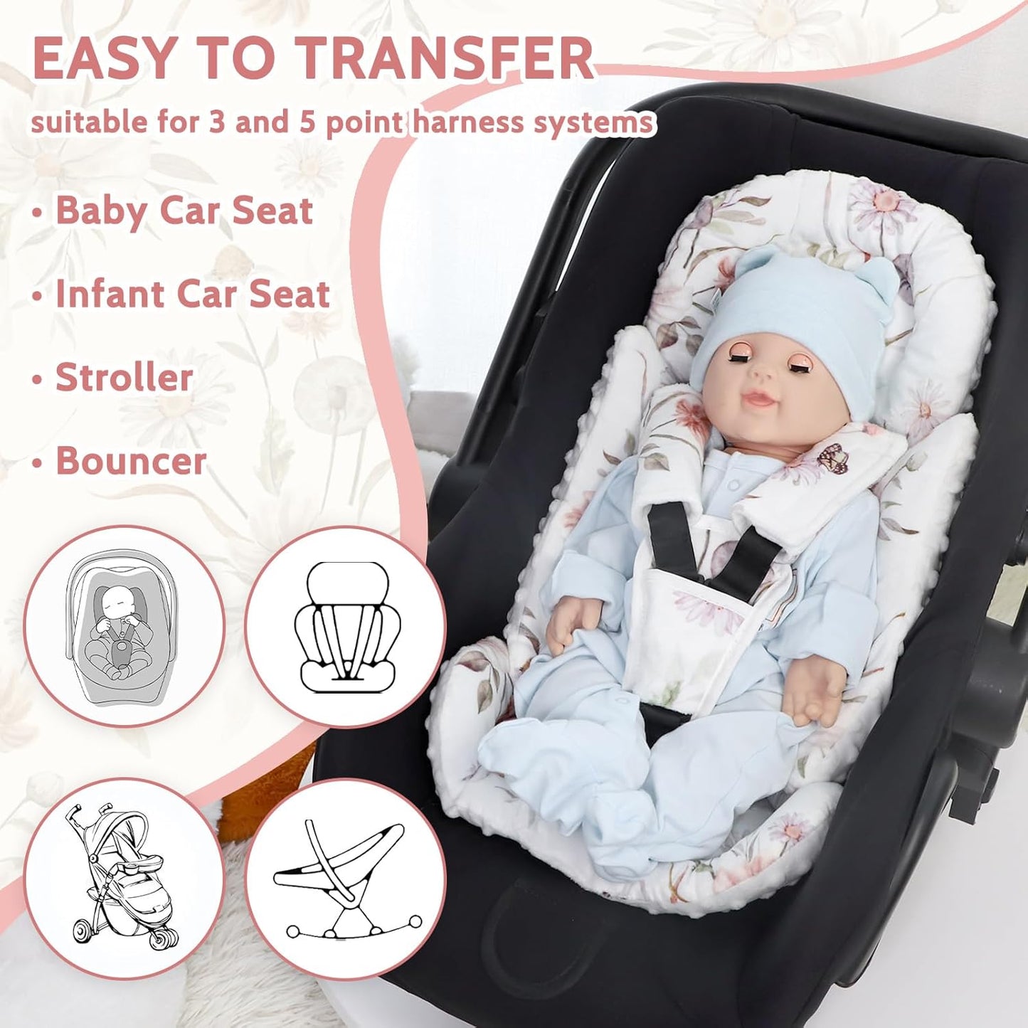 Infant Car Seat Insert and Strap Covers, Very Soft Car Seat Head Support Baby Girl Boy, Reversible Newborn Carseat Insert Cushion Fits for Stroller, Baby Swing, Bouncer (White Flower)