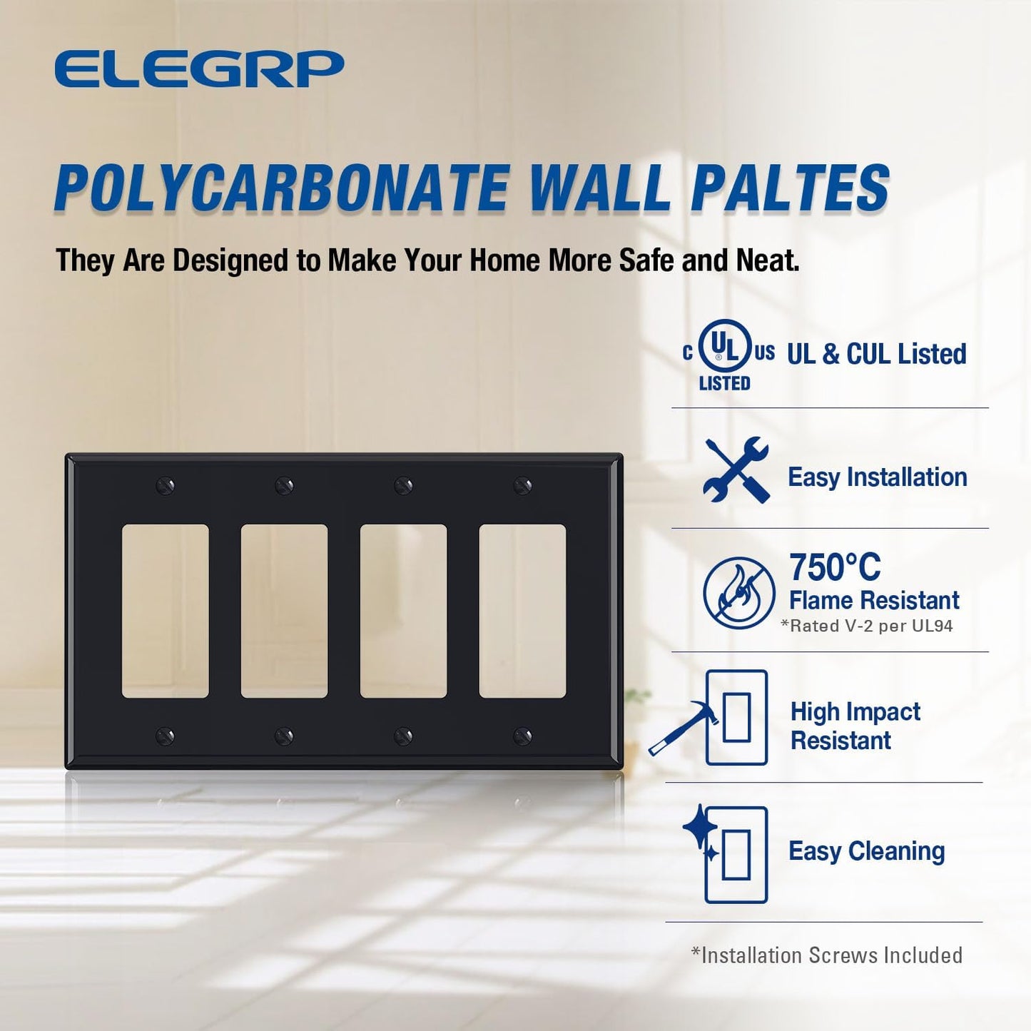 ELEGRP 4-Gang Decorative Wall Plates, Mid-Size 4.88" H x 8.57" L Unbreakable Thermoplastic Faceplate Cover for Decorator Receptacle Outlet Switch, UL Listed (2 Pack, Glossy Black)