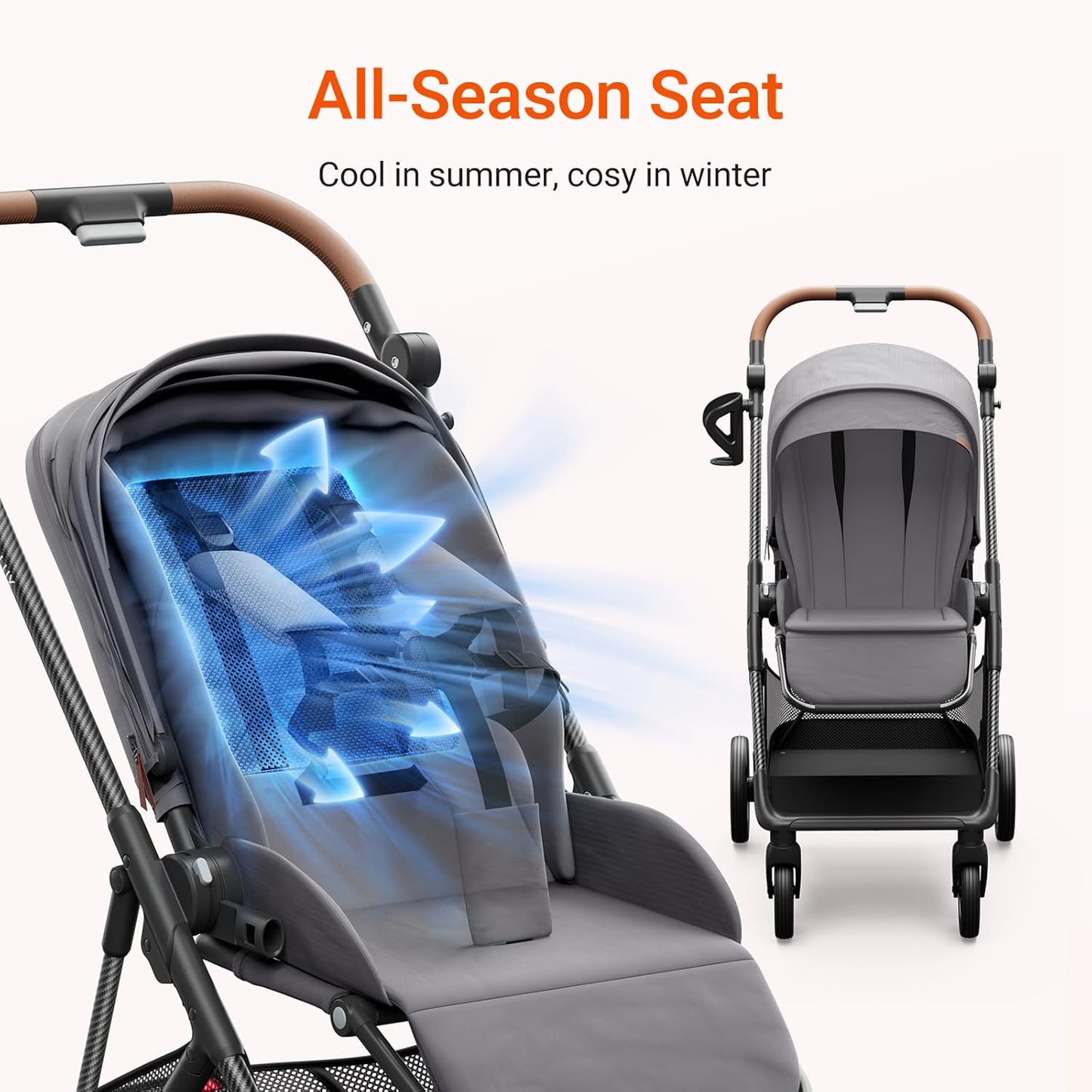 Air Lux Baby Stroller with Carbon Fiber Frame, One-Hand Fold & Reversible Seat, Magnetic 5-Pt Harness, Car Seat Adapter, 15.8lbs, Cinder