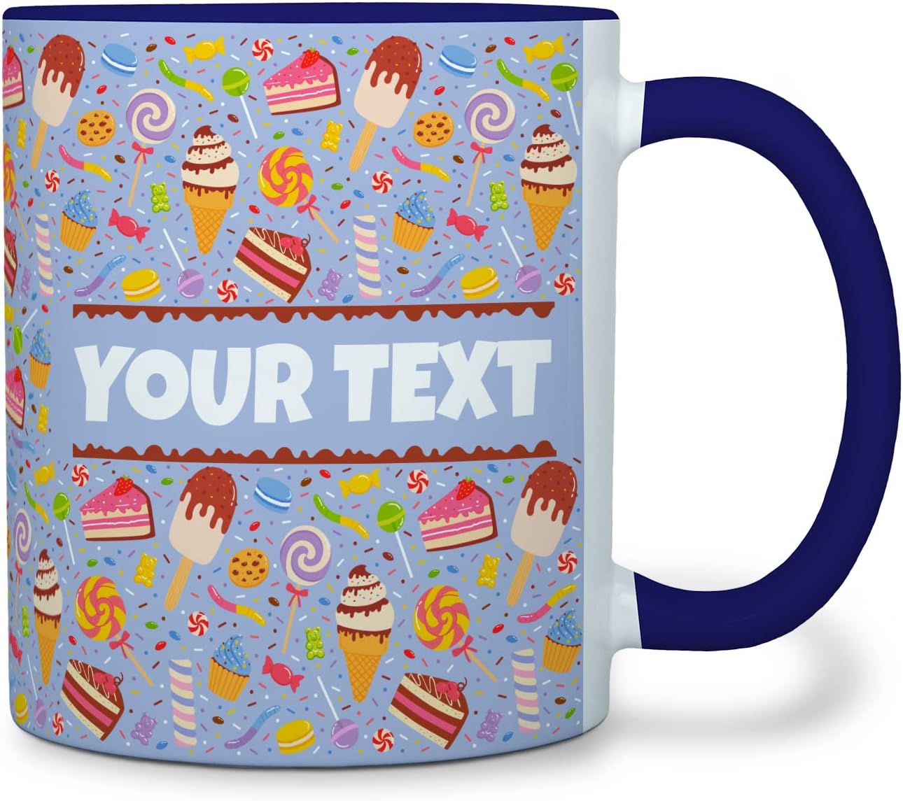 Personalized Mug for Kids - Sweets - Custom Name/Text, Ceramic Hot Chocolate/Cocoa/Coffee Cup for Boys/Girls, Birthday/Christmas/Holiday Gift - 11 oz, Navy Blue Handle