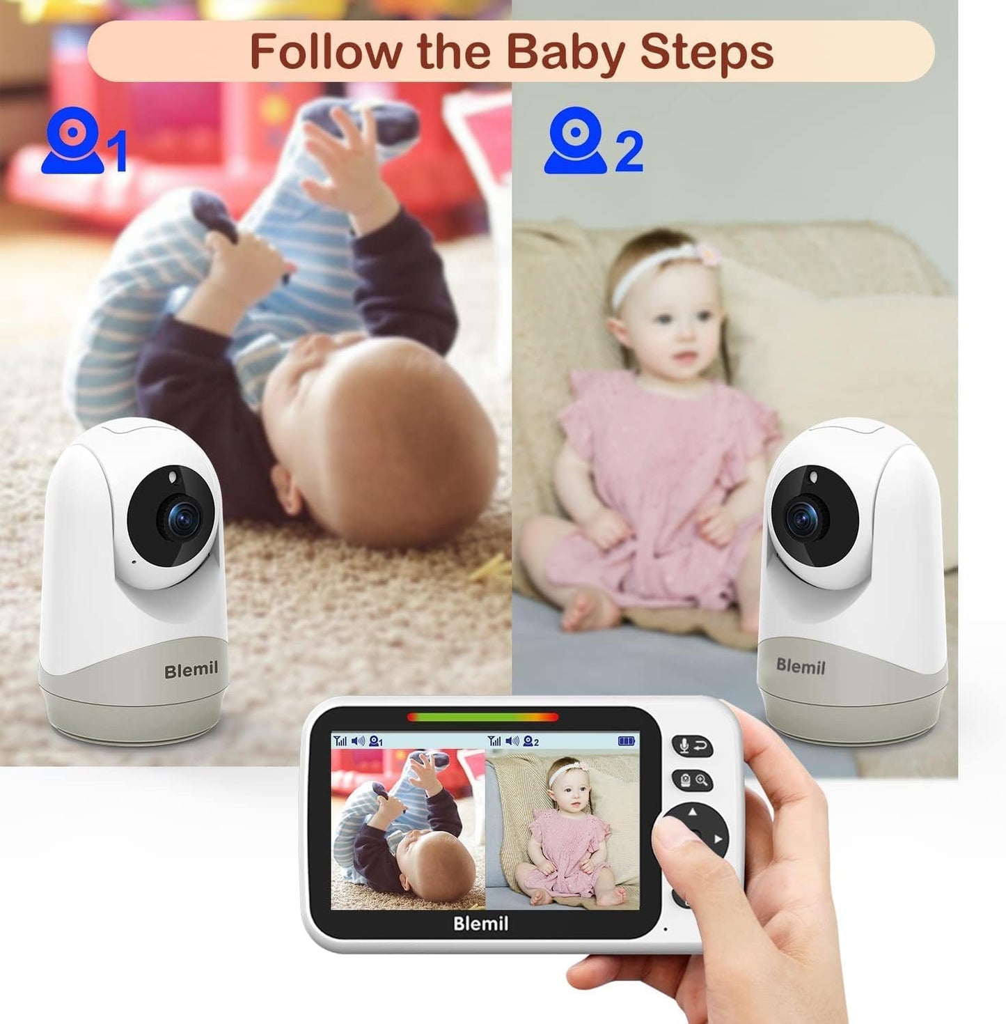 Upgrade Baby Monitor with 30-Hour Battery, 5" Large Split-Screen Video Baby Monitor with 2 Cameras and Audio, Remote Pan/Tilt/Zoom, Two-Way Talk, Room Temperature, Auto Night Vision