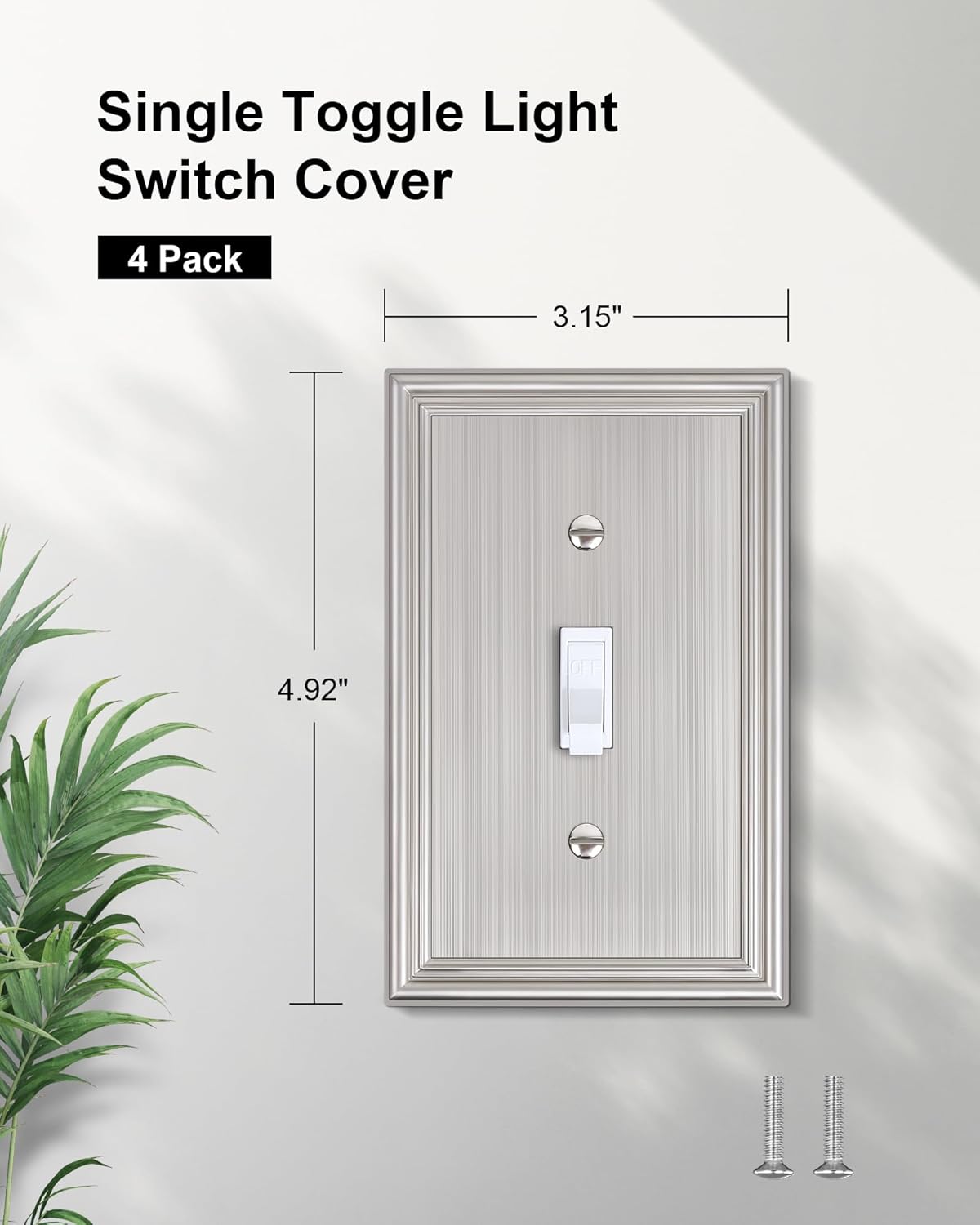 4-Pack Single Toggle Light Switch Cover Plate, Durable Solid Zinc Alloy Decorative Switch Plate Covers, Brushed Nickel 1 Gang Wall Plate, Corrosion Resistant